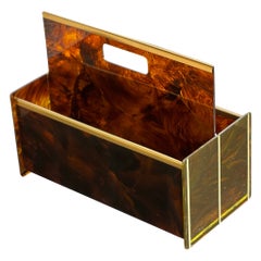 Maison Mercier Paris Magazine Rack in Tortoise Shell Lucite and Brass, 1970