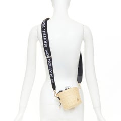 MAISON MICHEL 2024 Cassie Bucket beige raffia nylon monogram strap crossbody bag
