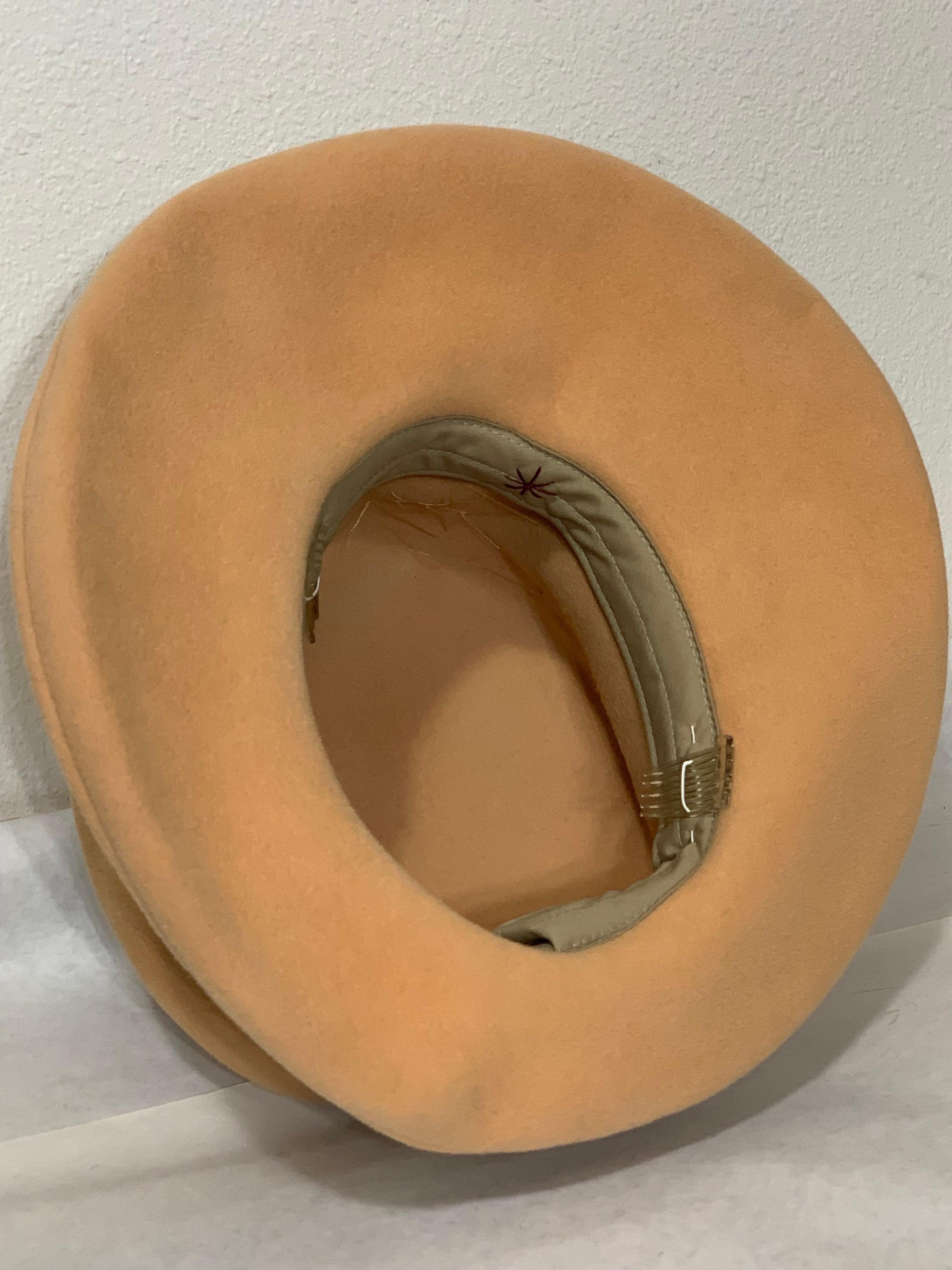 Maison Michel Apricot Felt High Top Hat w Large Feather Spray & Striped Band For Sale 8