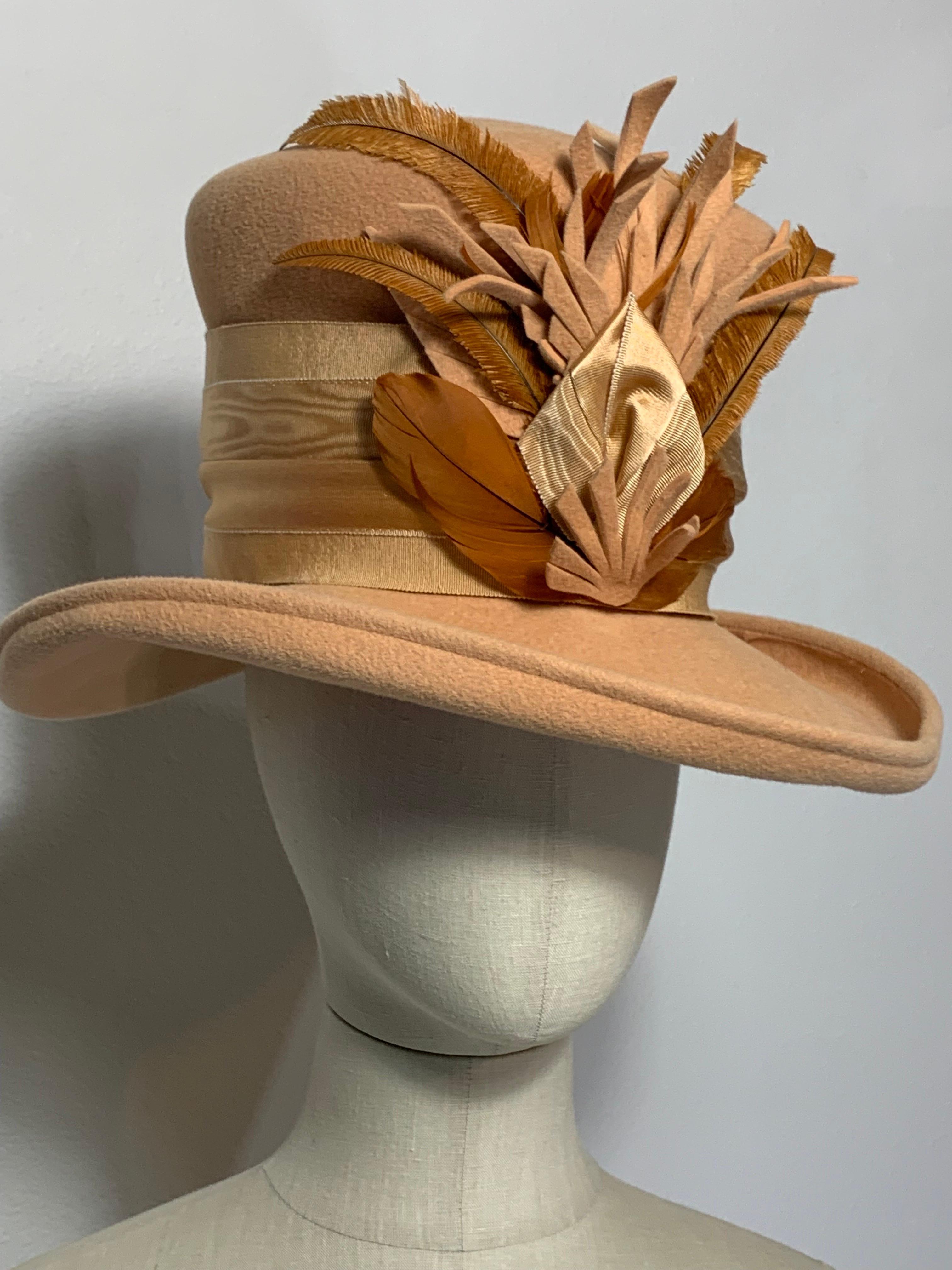 Maison Michel Autumn/Winter Medium Brim Apricot Felt  Beautifully Blocked High Top Hat with Matching Flower, Feathers and Wide Striped Grosgrain Band: Unlabeled, with attached combs for securing. Size 6 5/8 Medium. Made in France. 

Please visit our
