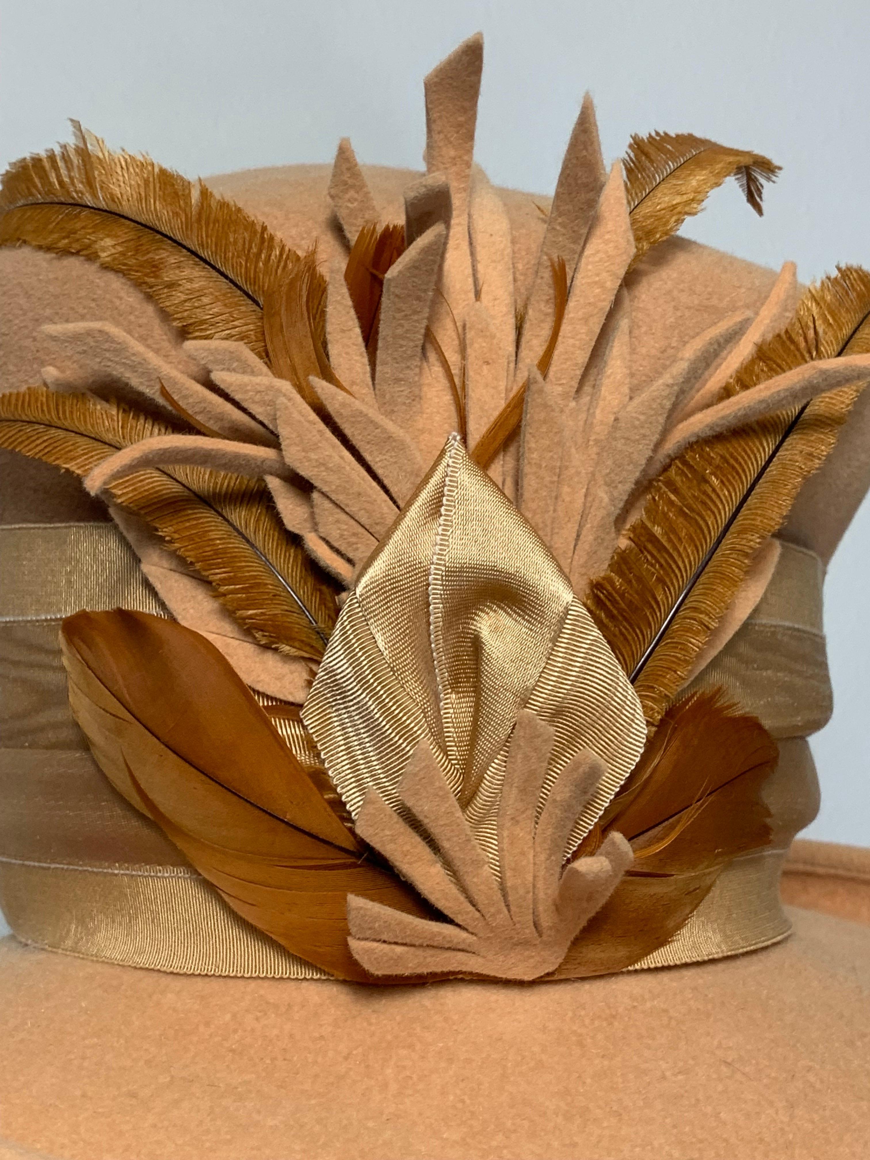 Maison Michel Apricot Felt High Top Hat w Large Feather Spray & Striped Band In Excellent Condition For Sale In Gresham, OR