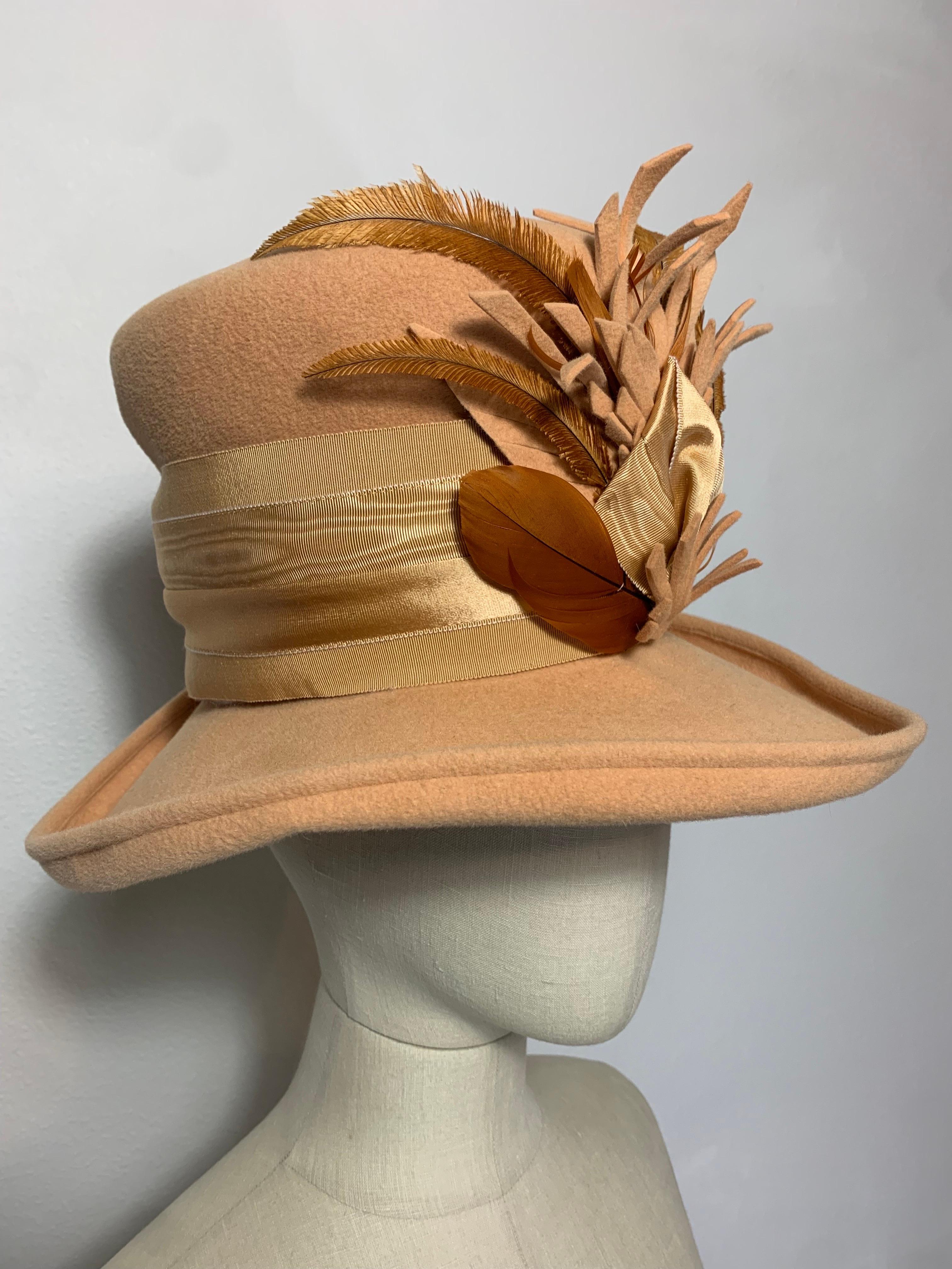 Women's or Men's Maison Michel Apricot Felt High Top Hat w Large Feather Spray & Striped Band For Sale