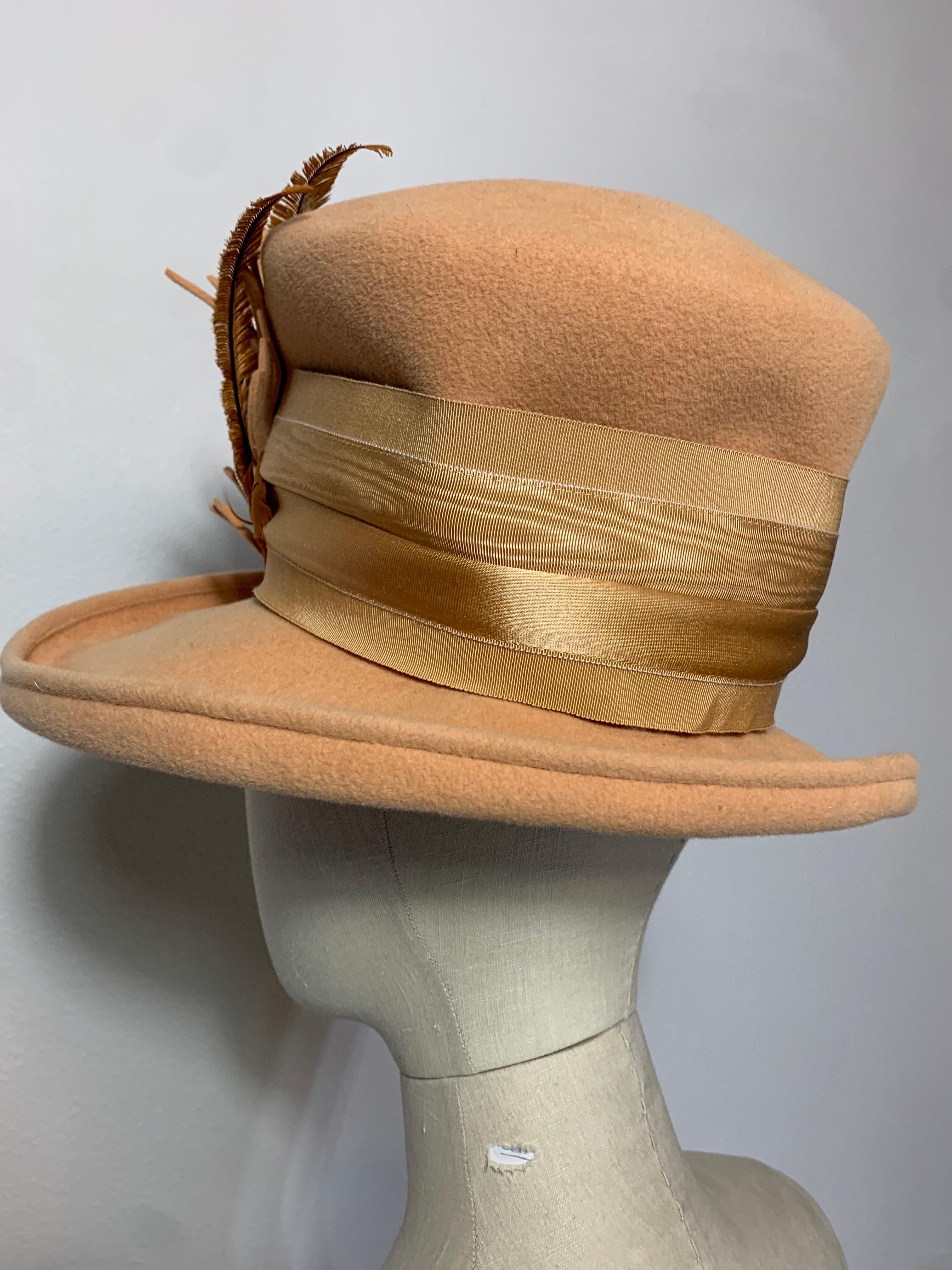 Maison Michel Apricot Felt High Top Hat w Large Feather Spray & Striped Band For Sale 1