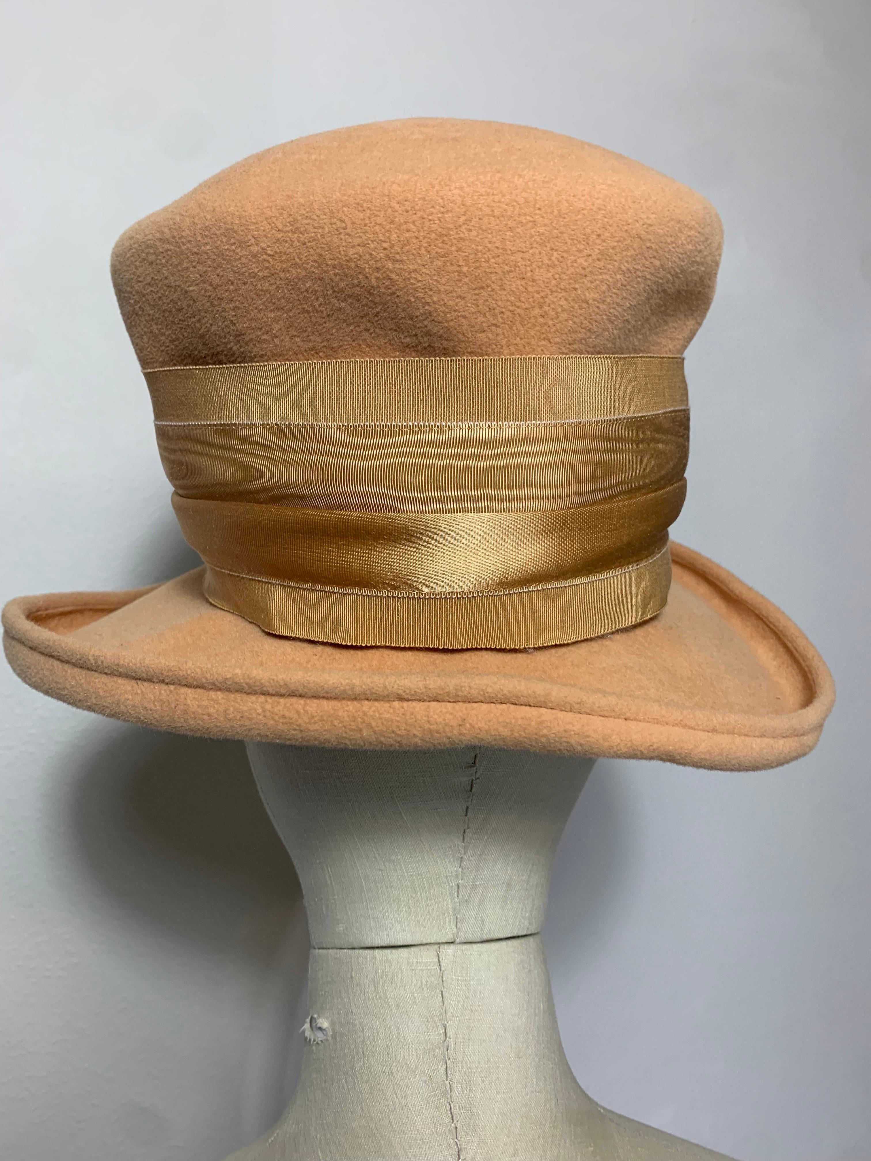 Maison Michel Apricot Felt High Top Hat w Large Feather Spray & Striped Band For Sale 2