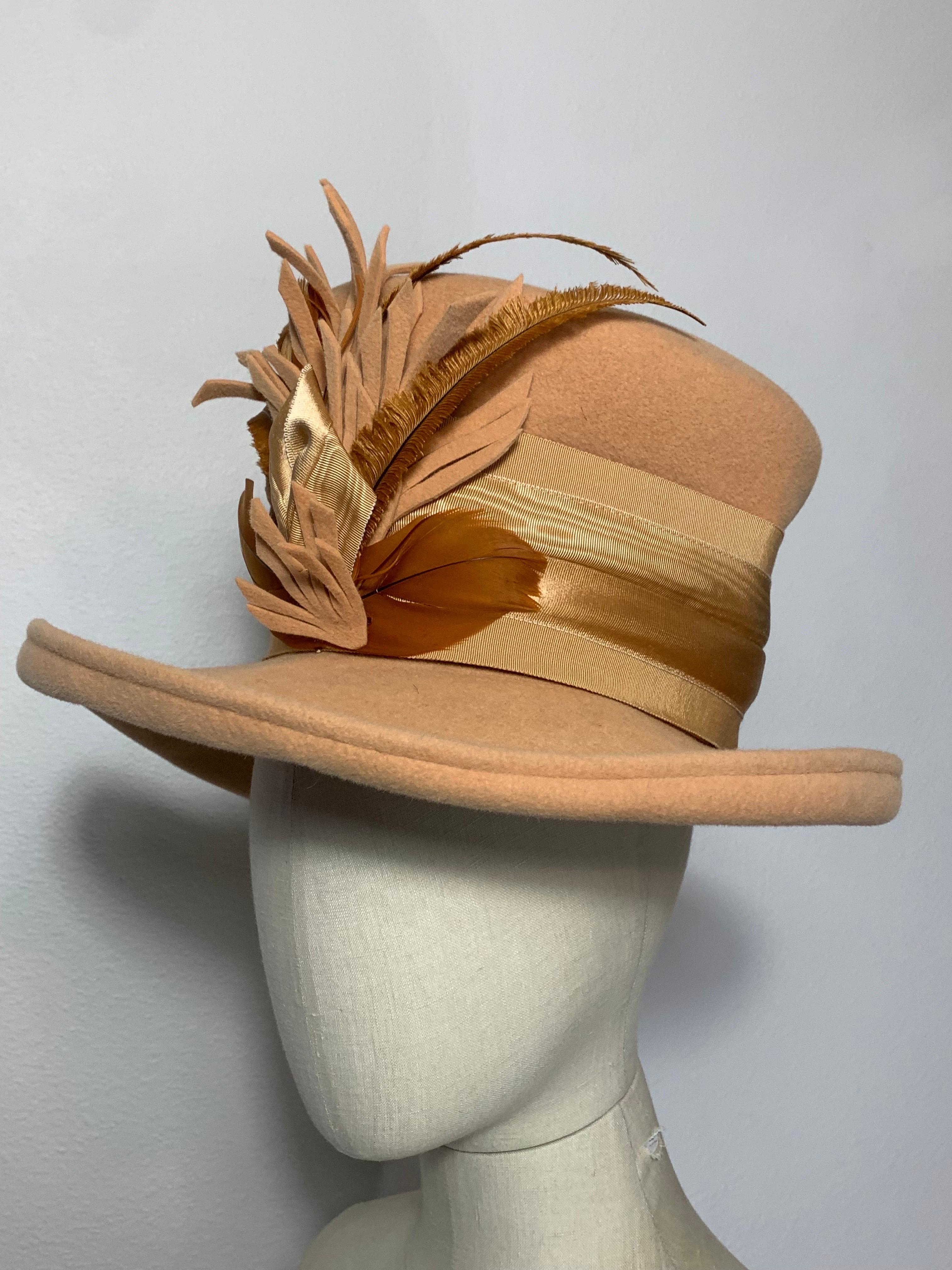 Maison Michel Apricot Felt High Top Hat w Large Feather Spray & Striped Band For Sale 3
