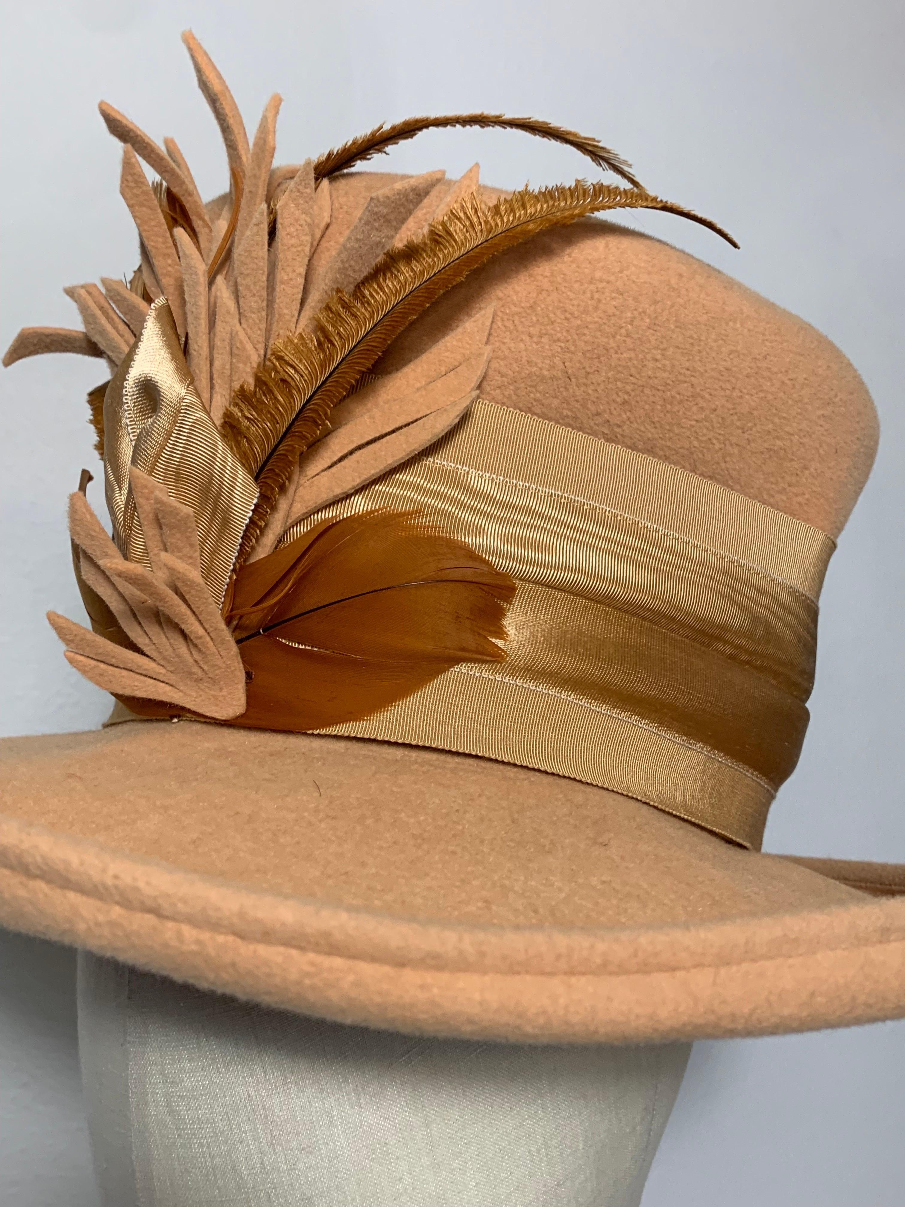 Maison Michel Apricot Felt High Top Hat w Large Feather Spray & Striped Band For Sale 4