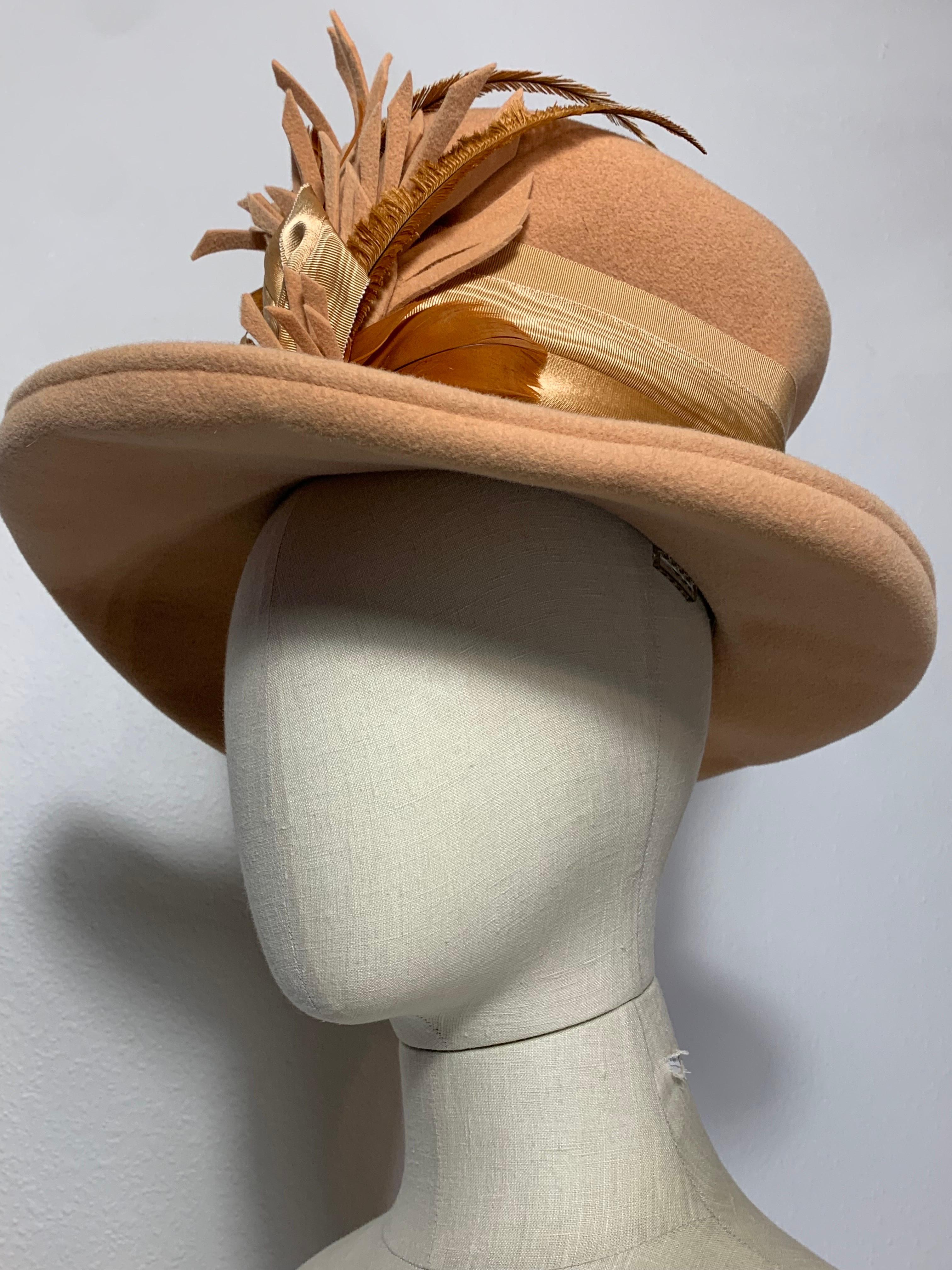 Maison Michel Apricot Felt High Top Hat w Large Feather Spray & Striped Band For Sale 5