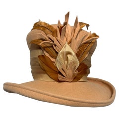 Maison Michel Apricot Felt High Top Hat w Large Feather Spray & Striped Band