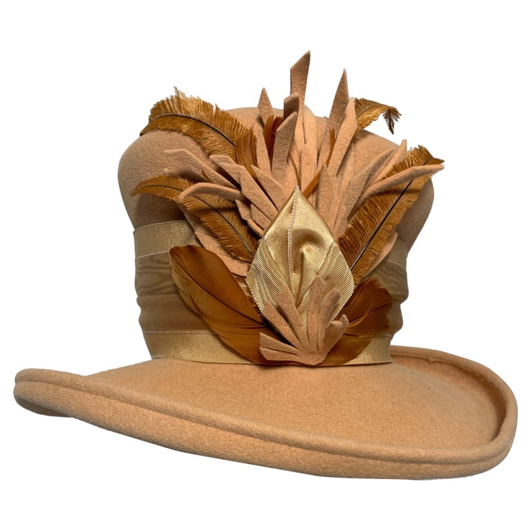 Maison Michel Apricot Felt High Top Hat w Large Feather  display picture 3