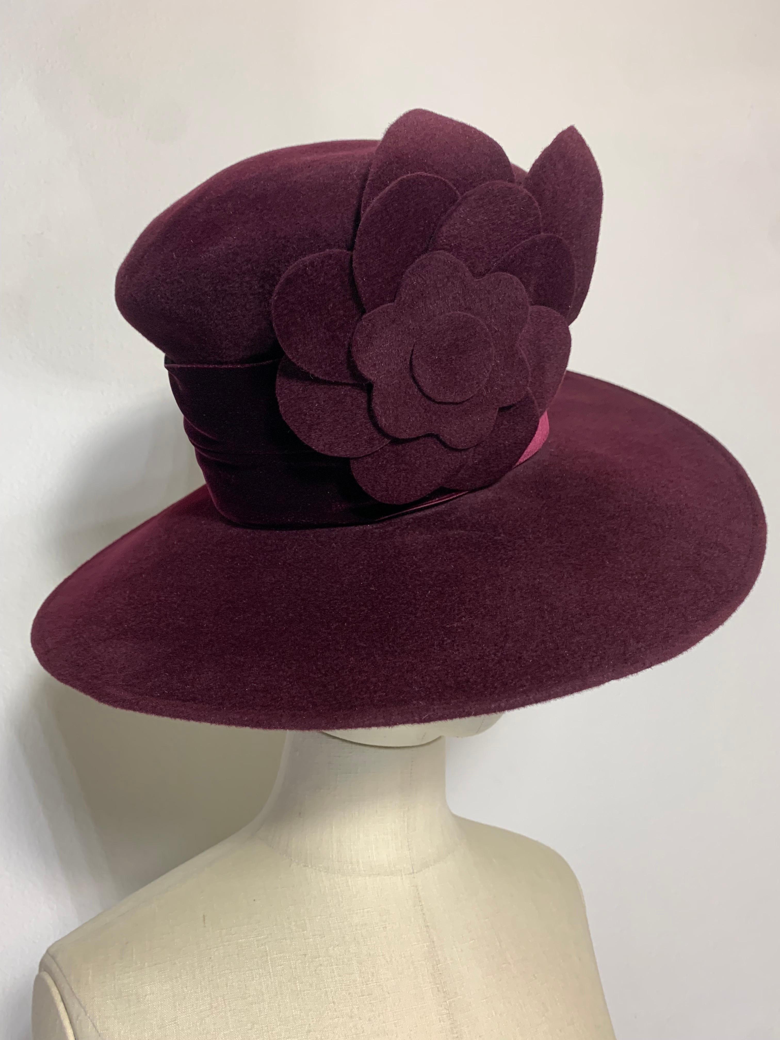 Maison Michel Aubergine Medium Brim Felt Hat with Matching Flower & Velvet Band For Sale 6