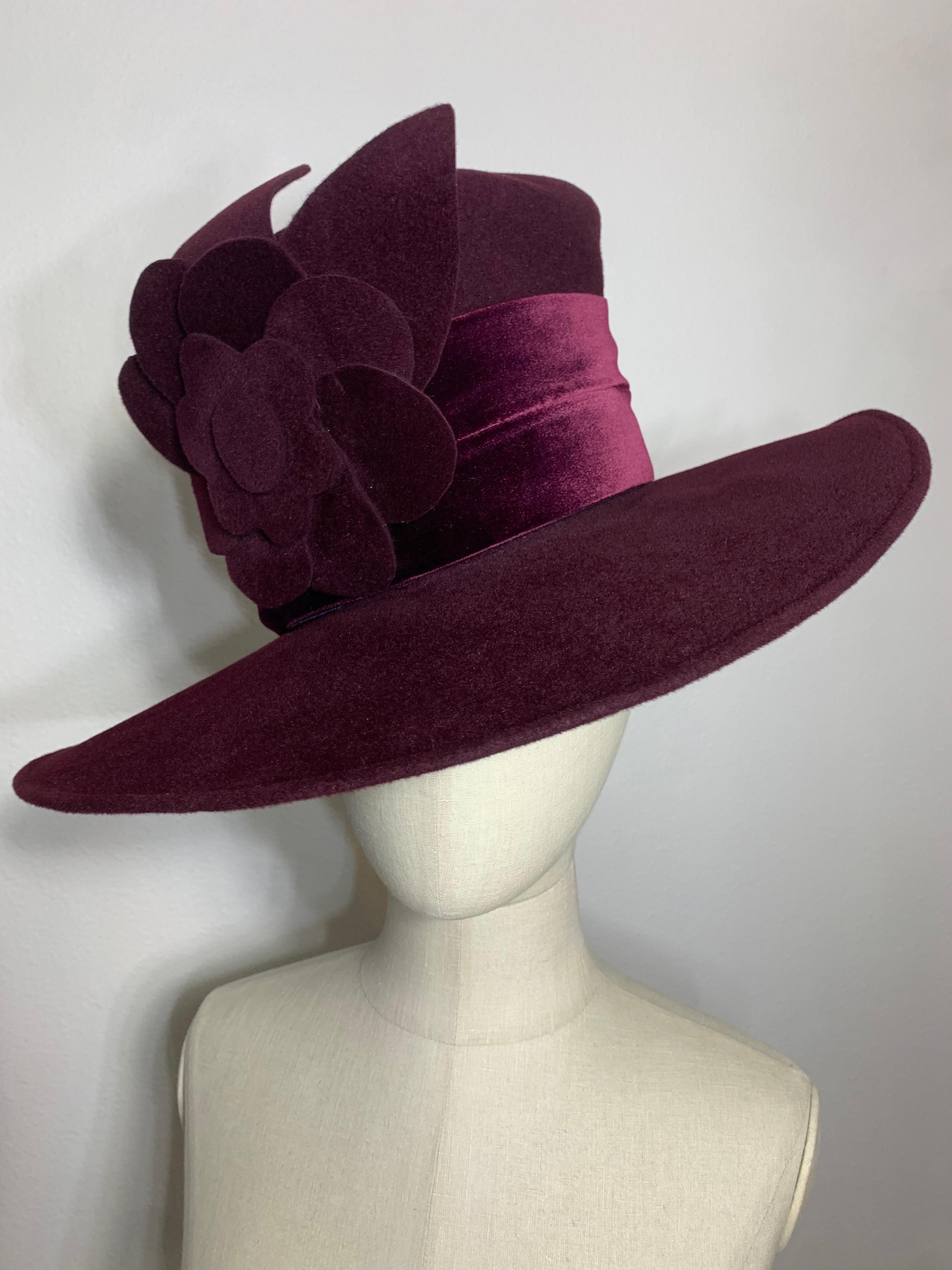 Maison Michel Autumn/Winter Aubergine Medium Brim Felt  Beautifully Blocked High Top Hat with Matching Flower & Wide Velvet Band: Unlabeled, with attached combs for securing. Size 6 7/8 Medium. Made in France. 