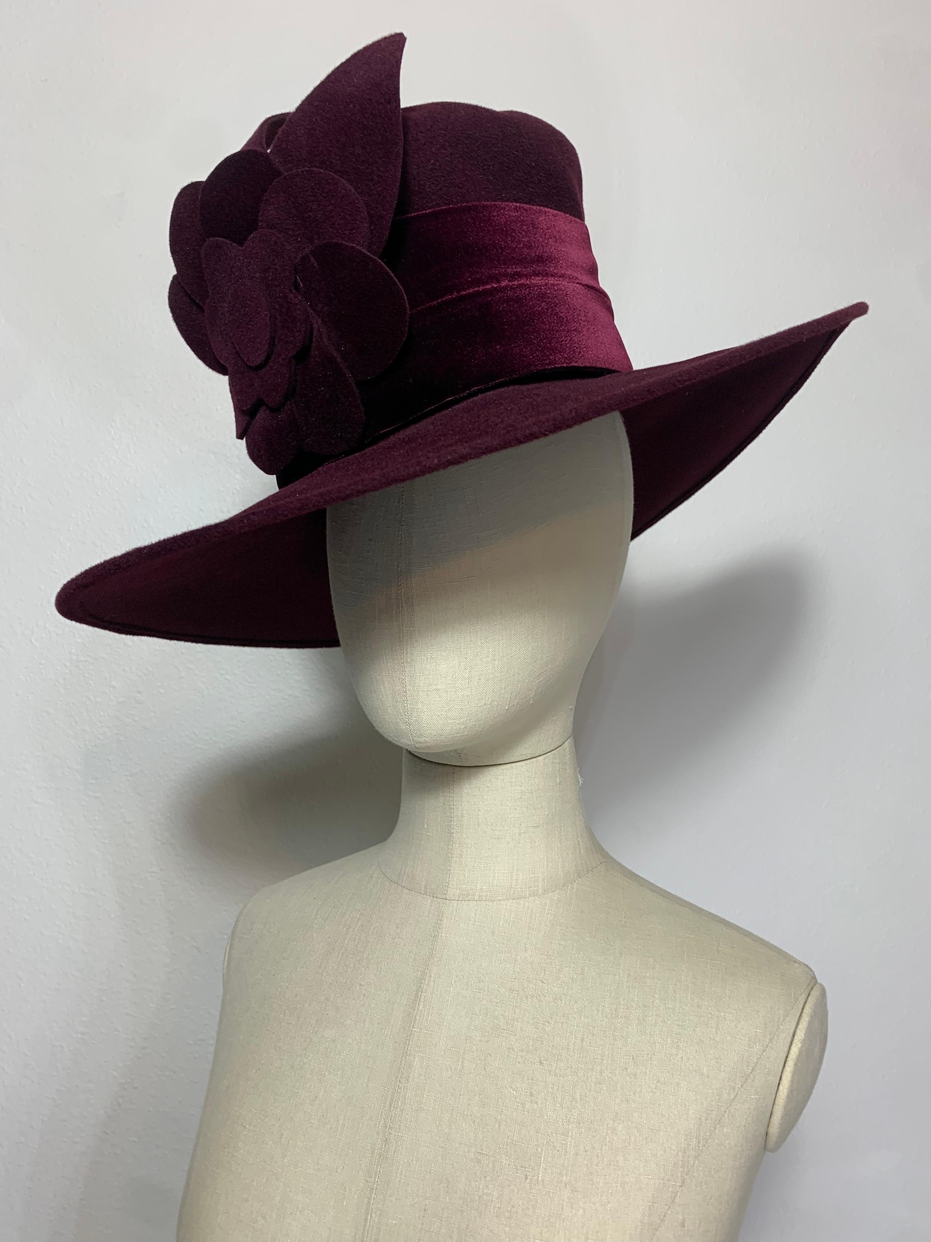 Maison Michel Aubergine Medium Brim Felt Hat with Matching Flower & Velvet Band In Excellent Condition For Sale In Gresham, OR
