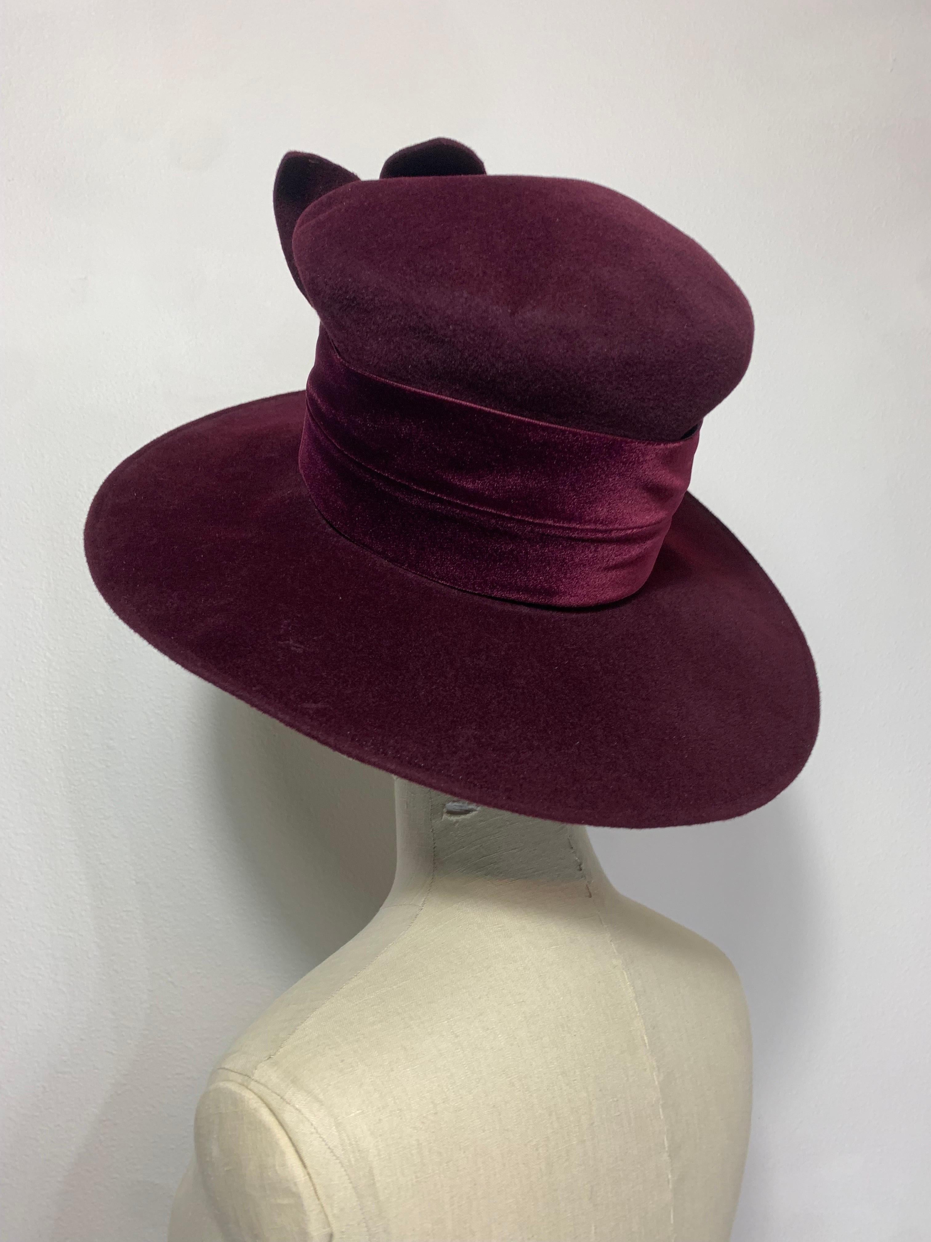 Women's or Men's Maison Michel Aubergine Medium Brim Felt Hat with Matching Flower & Velvet Band For Sale