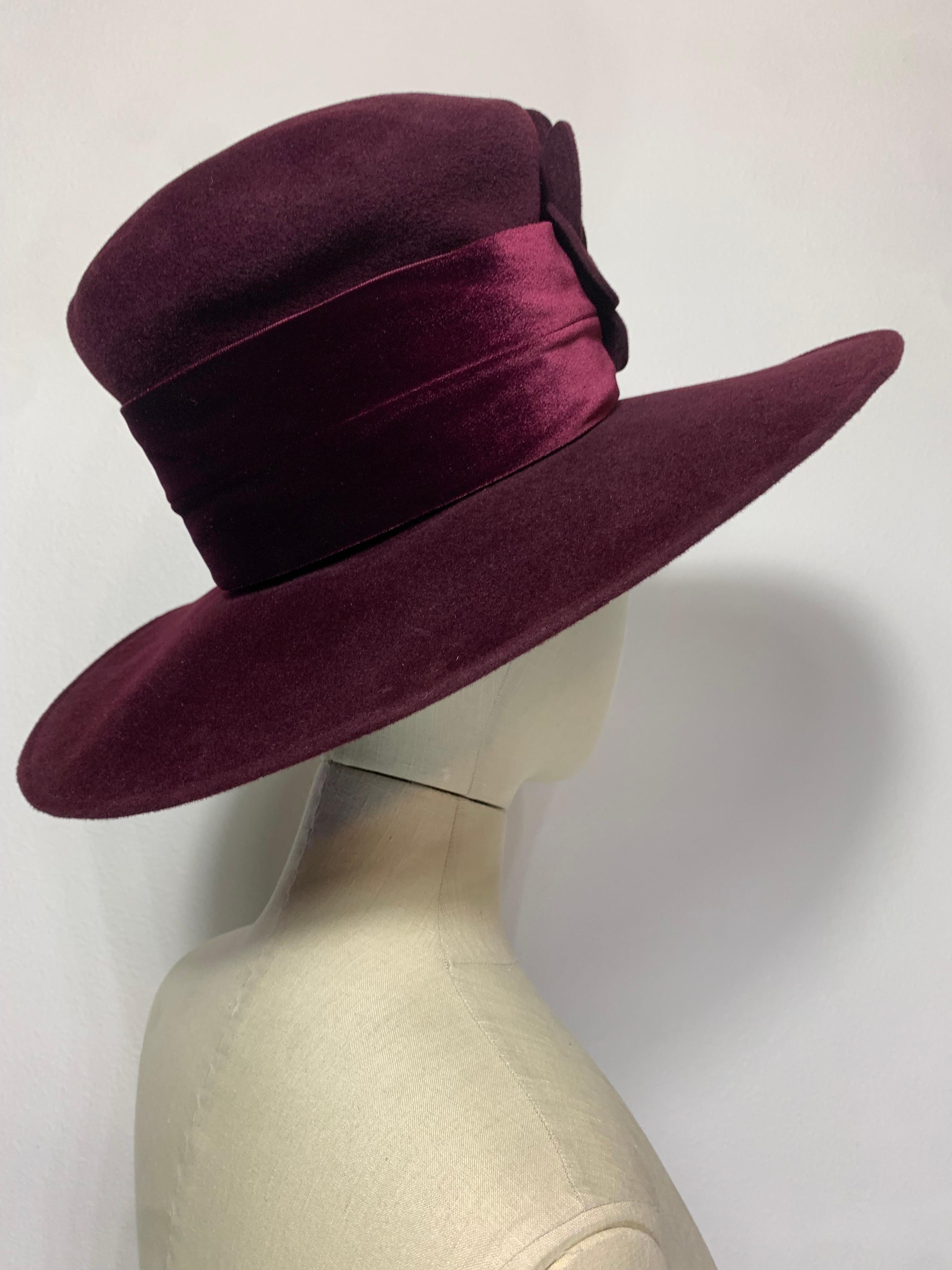 Maison Michel Aubergine Medium Brim Felt Hat with Matching Flower & Velvet Band For Sale 1