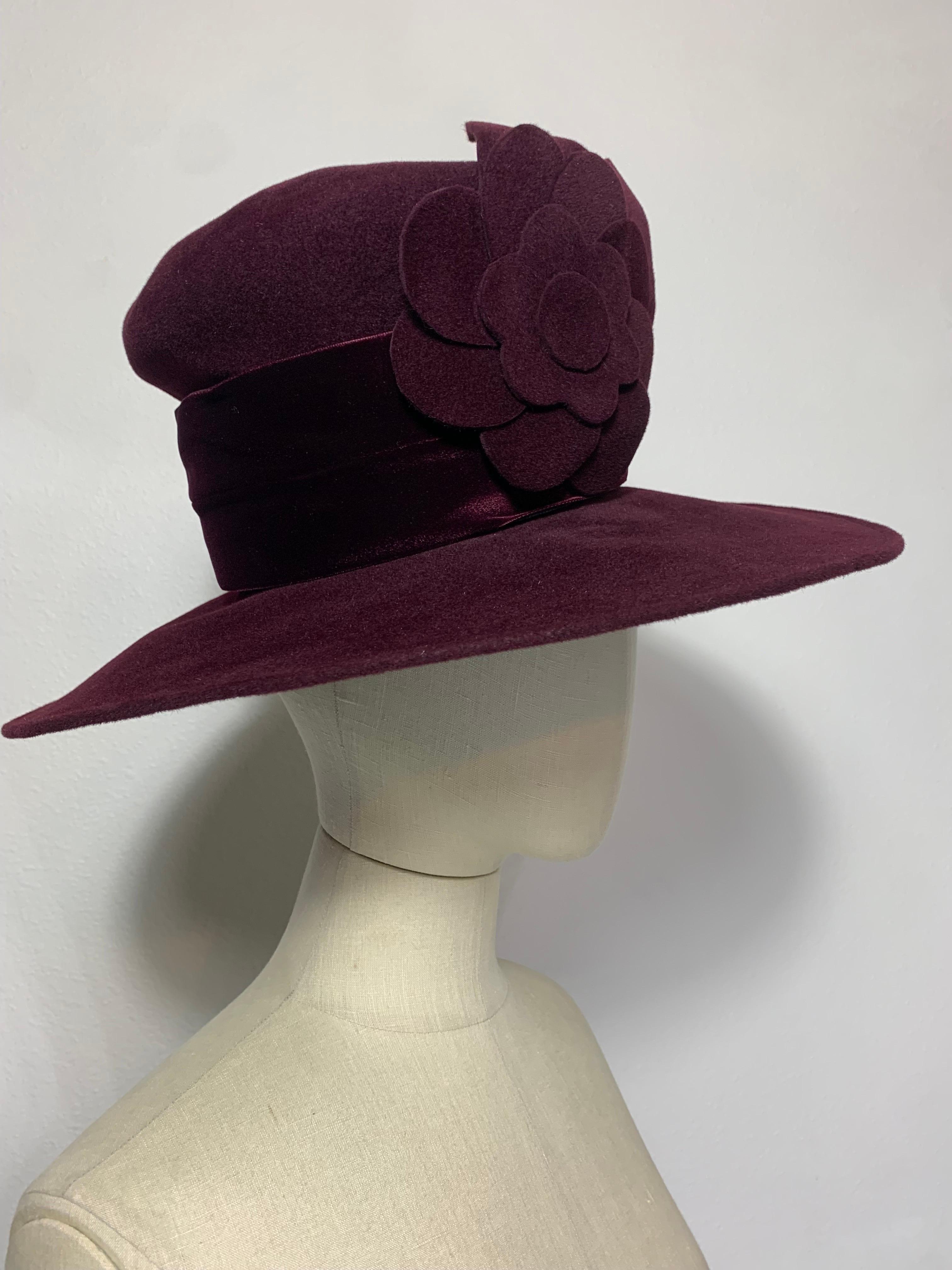 Maison Michel Aubergine Medium Brim Felt Hat with Matching Flower & Velvet Band For Sale 2