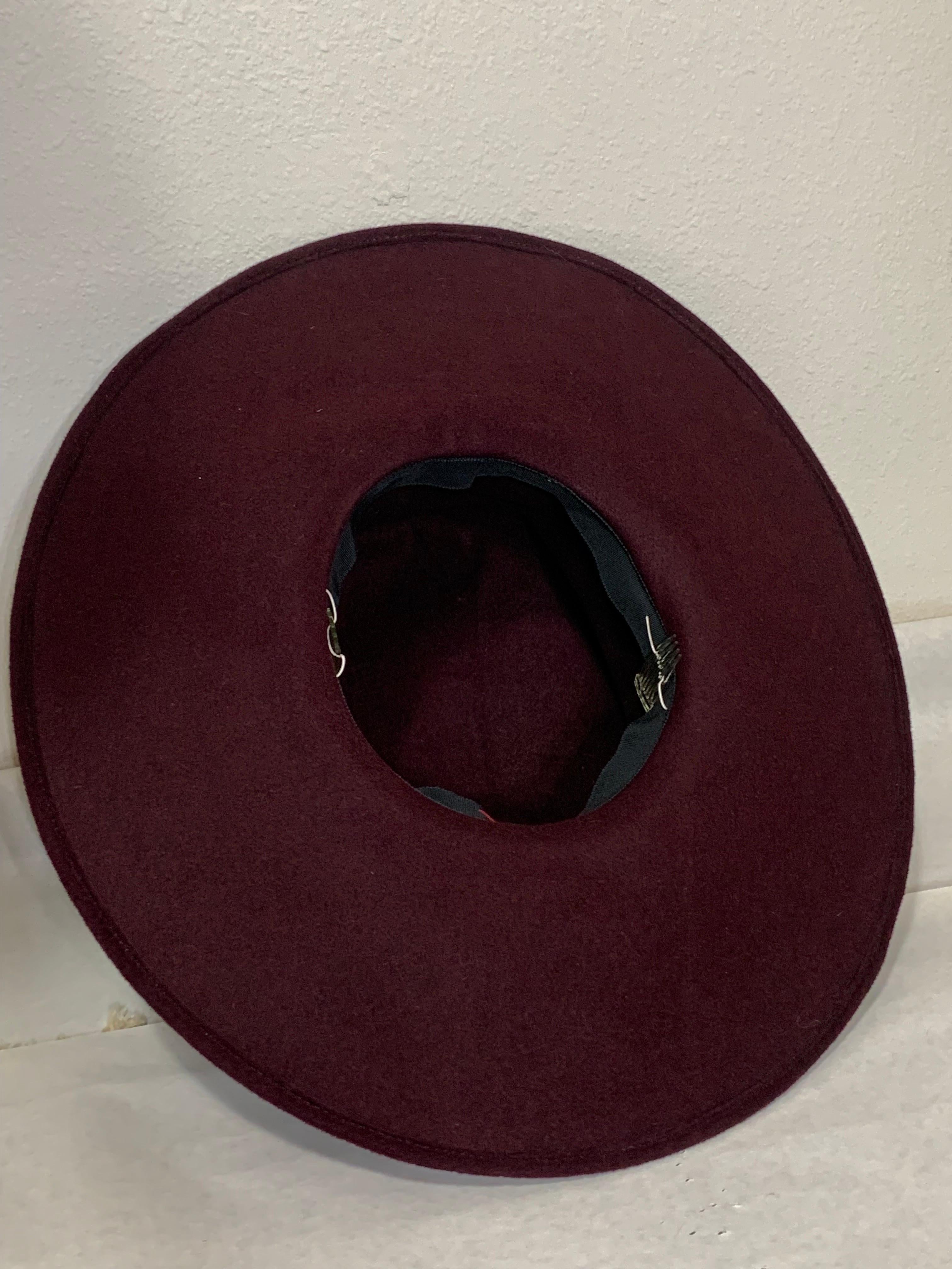 Maison Michel Aubergine Medium Brim Felt Hat with Matching Flower & Velvet Band For Sale 3