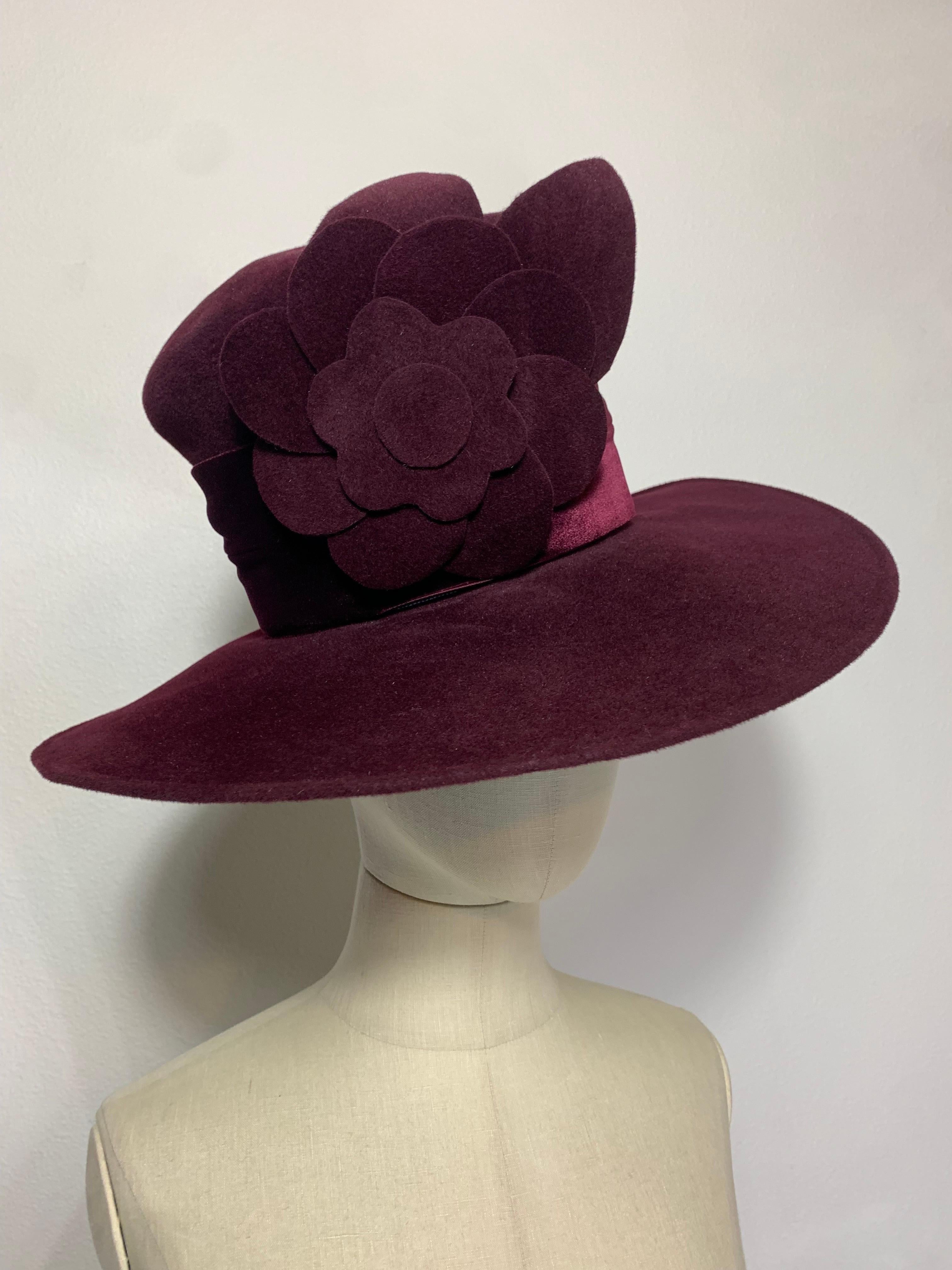 Maison Michel Aubergine Medium Brim Felt Hat with Matching Flower & Velvet Band For Sale 4