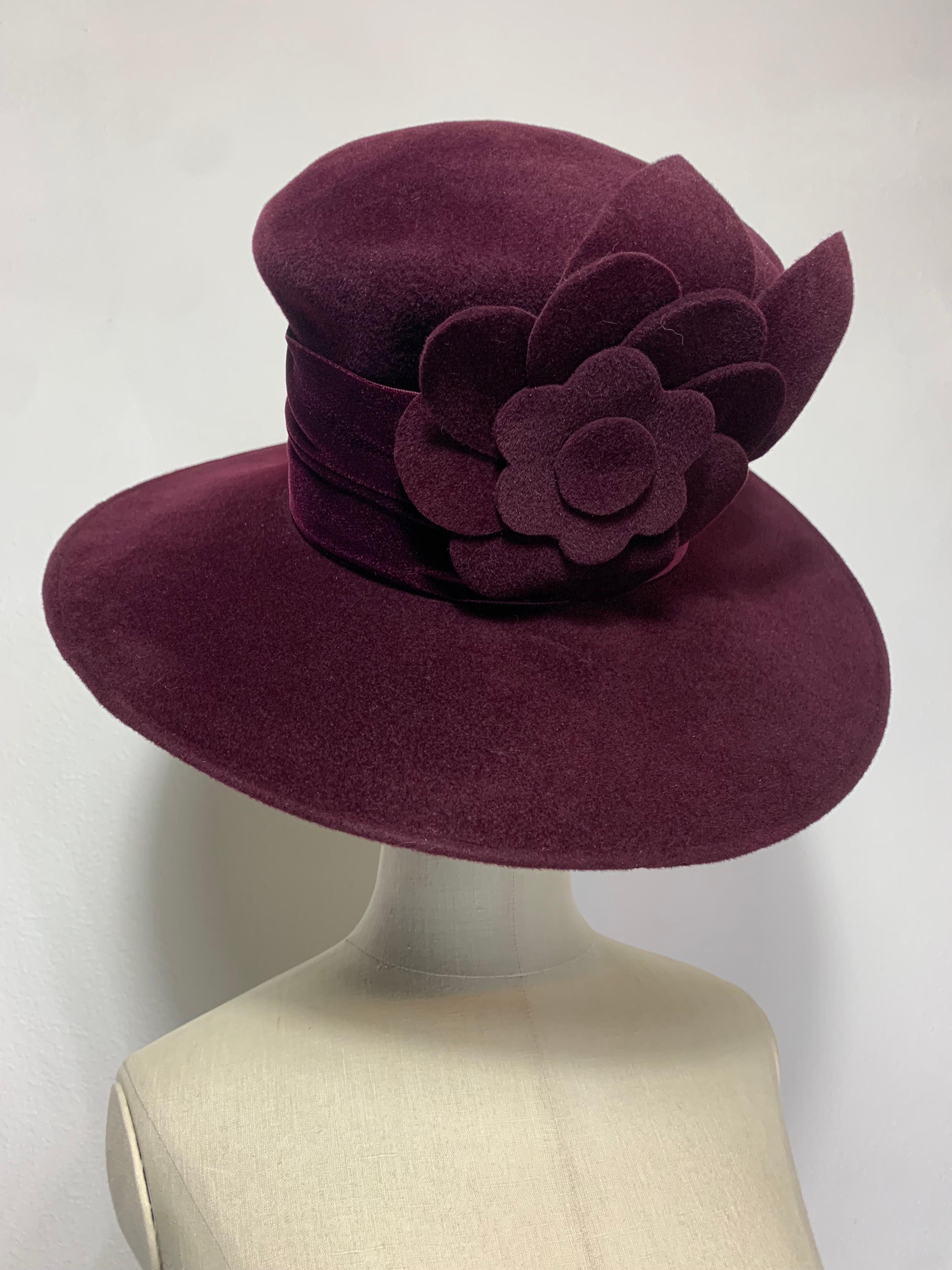 Maison Michel Aubergine Medium Brim Felt Hat with Matching Flower & Velvet Band For Sale 5