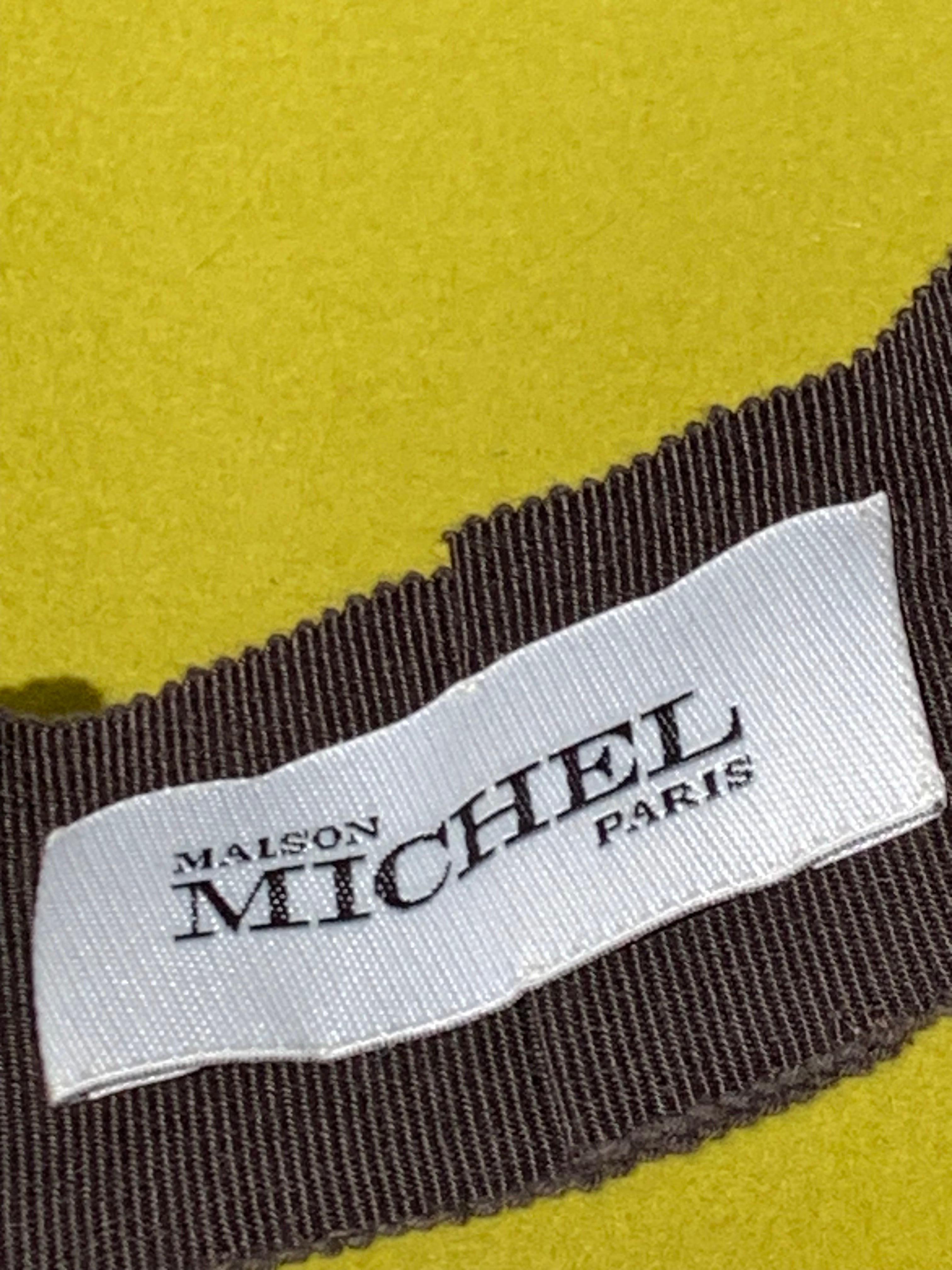 Maison Michel Autumn/Winter Chartreuse Wool Felt Wide Brim Fedora w Brocade Band For Sale 10