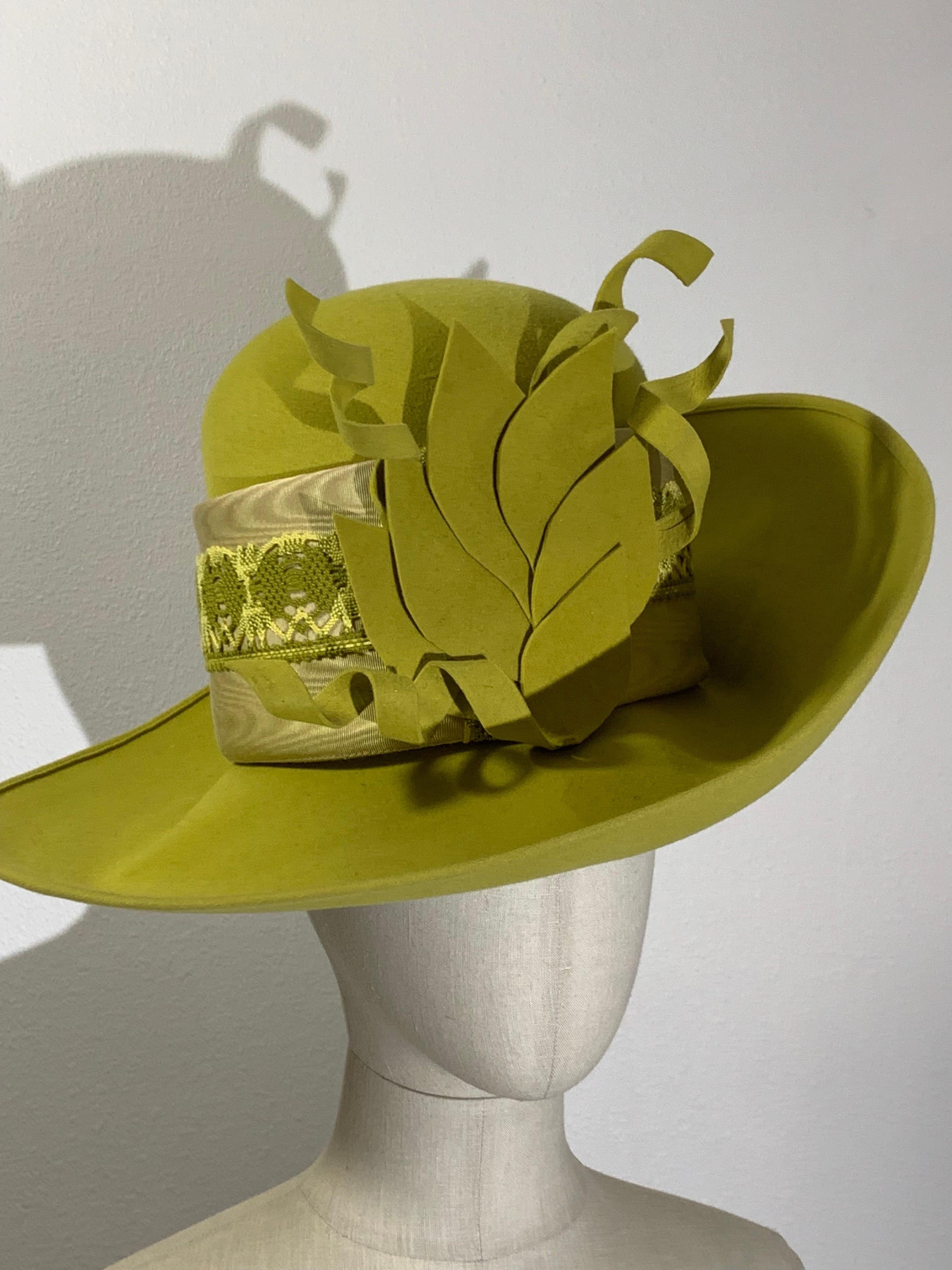 Maison Michel Autumn/Winter Chartreuse Wool Felt Wide Brim Fedora w Wide Brocade Band and Felt Leaf Spray:  Turned up 19