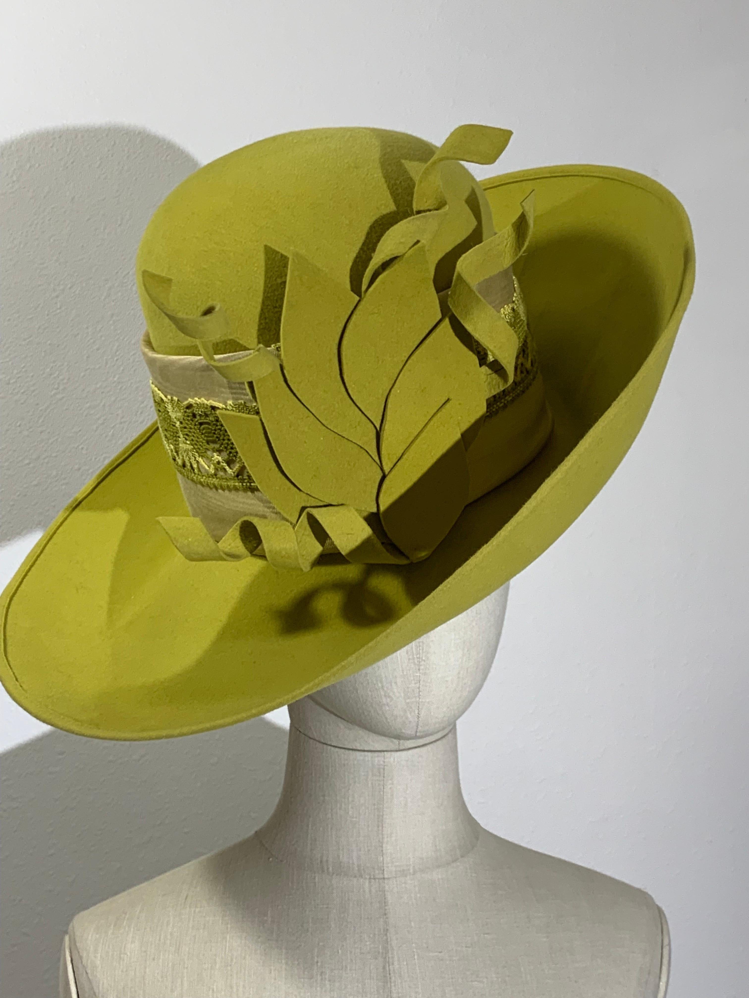 Maison Michel Autumn/Winter Chartreuse Wool Felt Wide Brim Fedora w Brocade Band In Excellent Condition For Sale In Gresham, OR