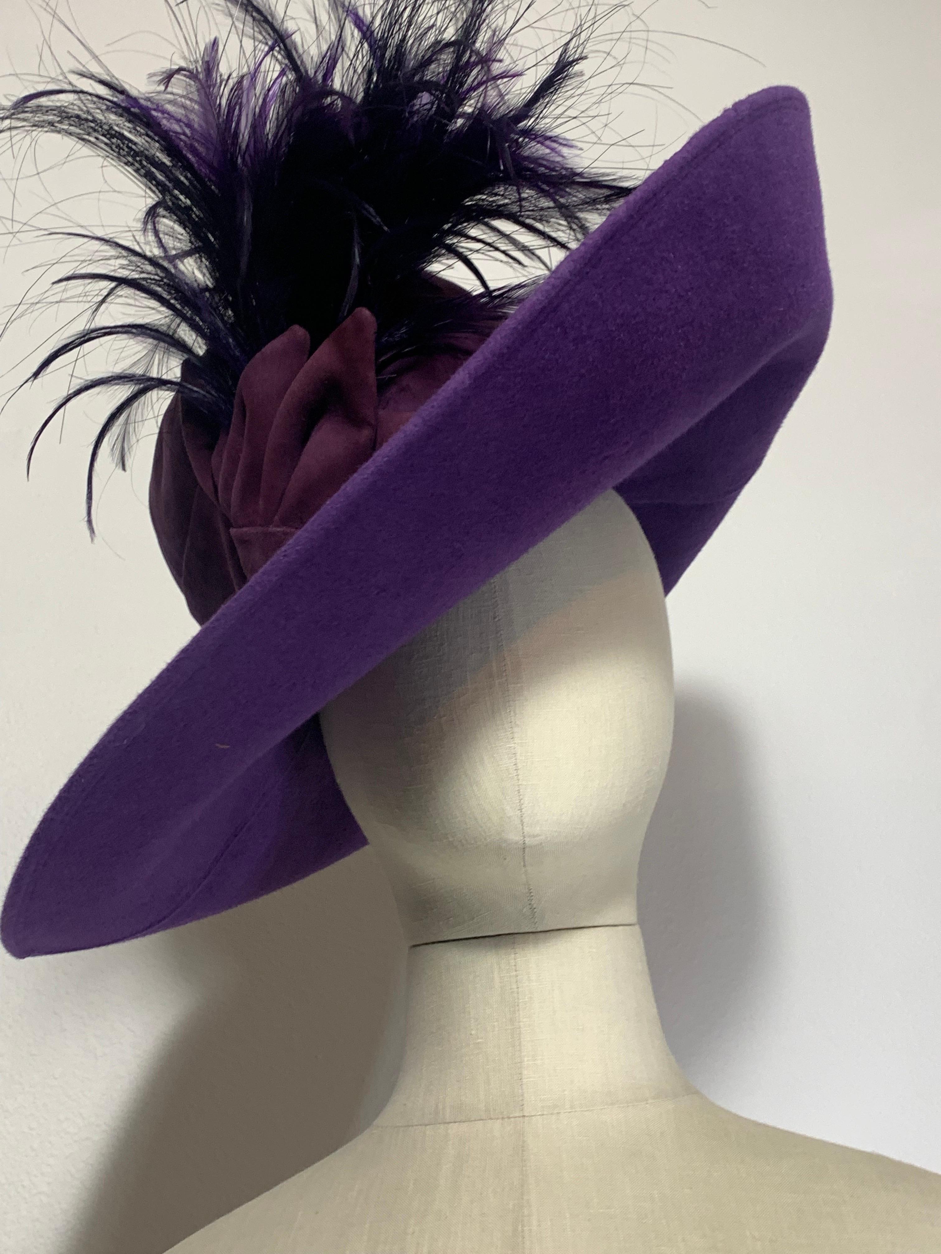 Maison Michel Autumn/Winter Purple Felt Wide Brim Hat w Suede Crown & Feathers For Sale 6