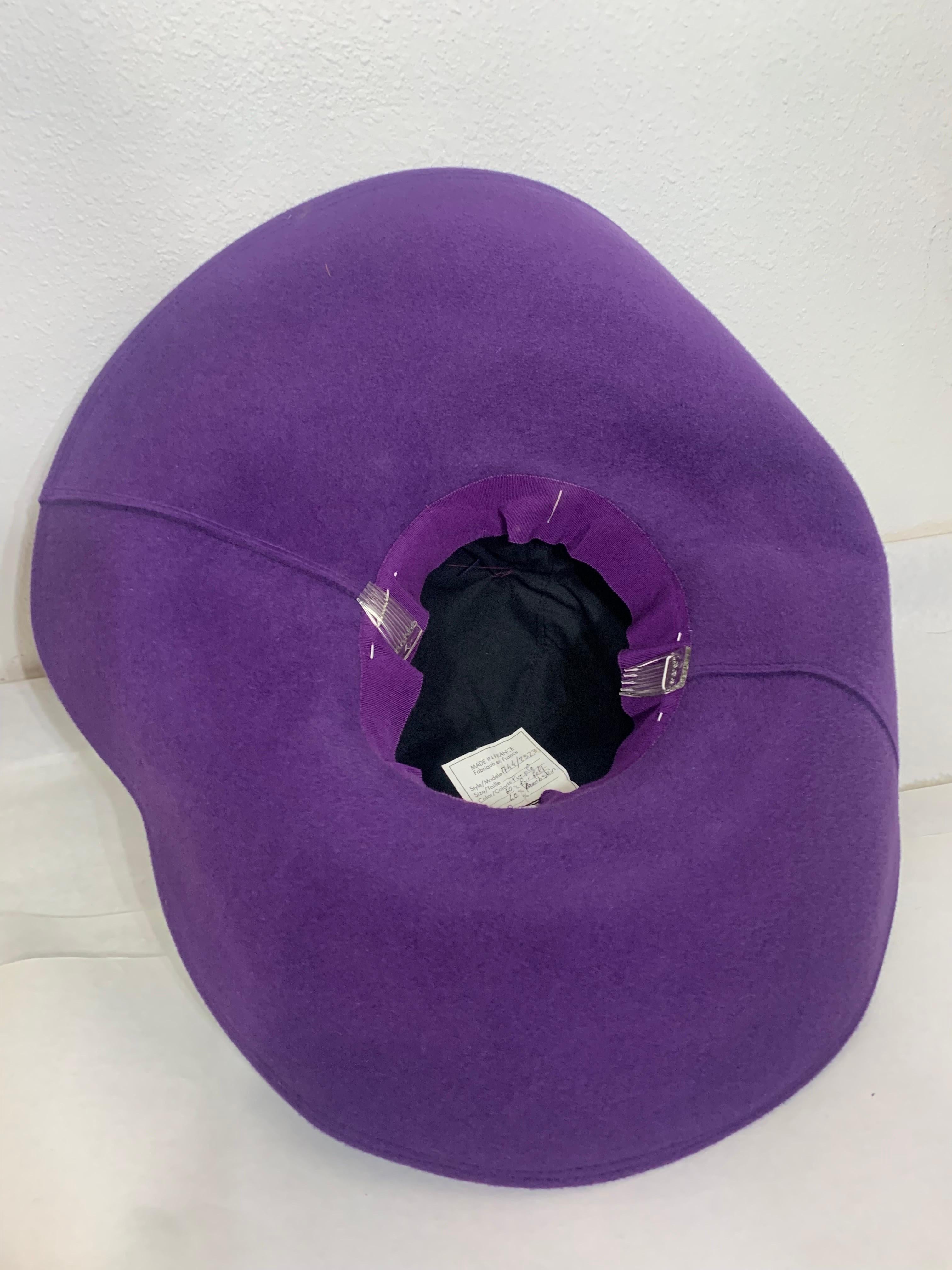 Maison Michel Autumn/Winter Purple Felt Wide Brim Hat w Suede Crown & Feathers For Sale 10