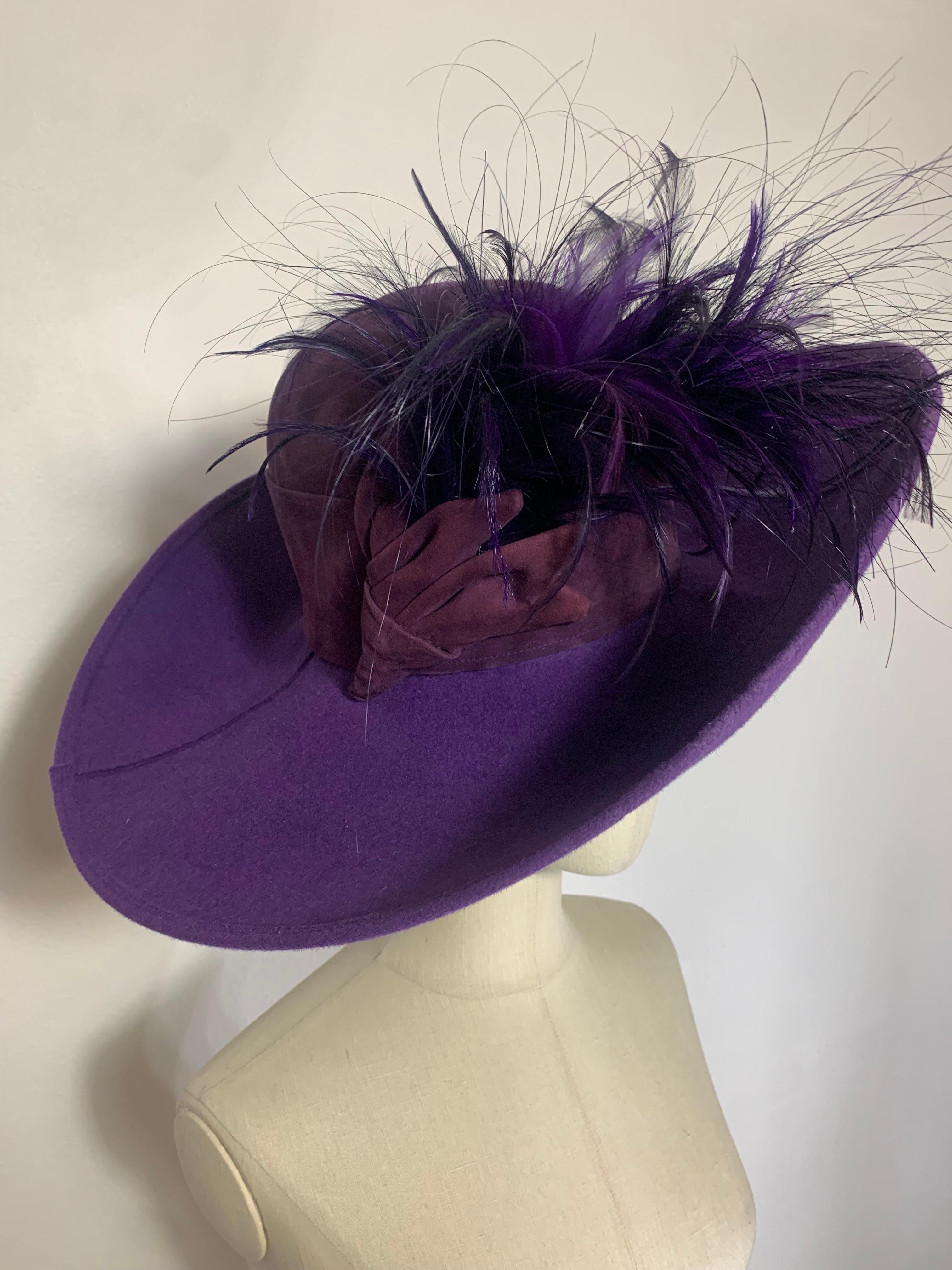 Maison Michel Autumn/Winter Purple Felt Wide Brim Hat w Suede Crown & Feathers In Excellent Condition For Sale In Gresham, OR