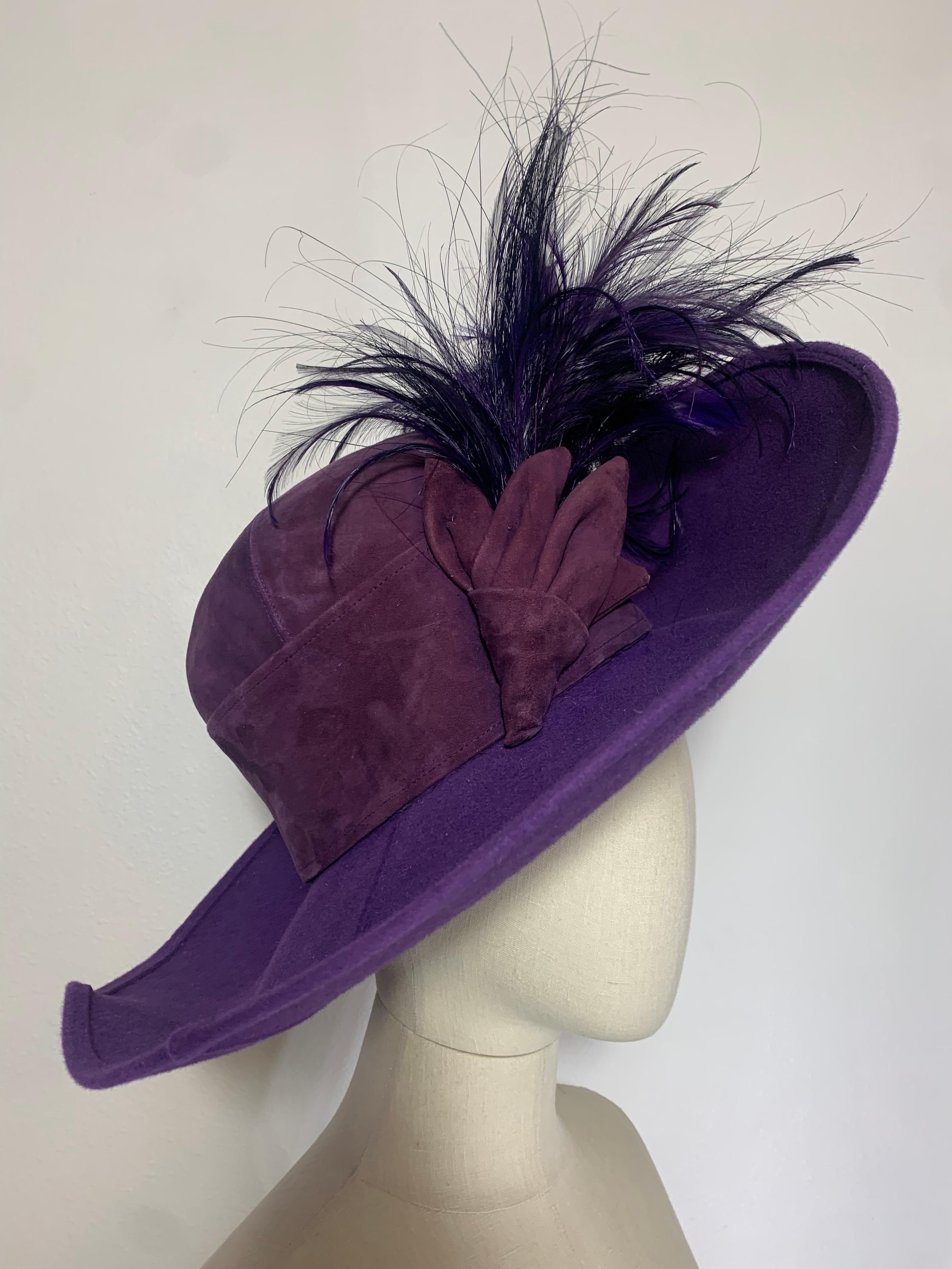 Women's or Men's Maison Michel Autumn/Winter Purple Felt Wide Brim Hat w Suede Crown & Feathers For Sale