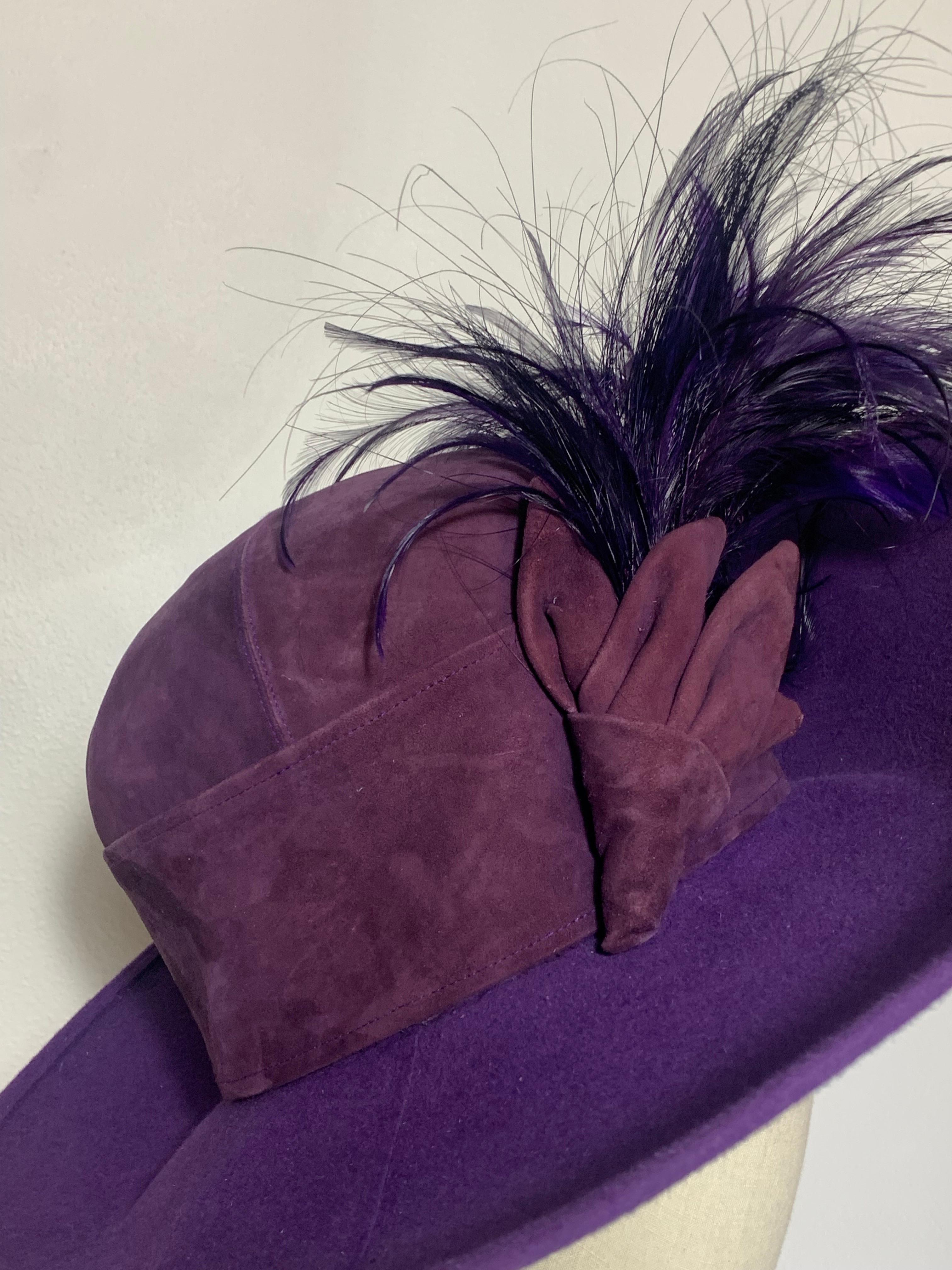 Maison Michel Autumn/Winter Purple Felt Wide Brim Hat w Suede Crown & Feathers For Sale 1
