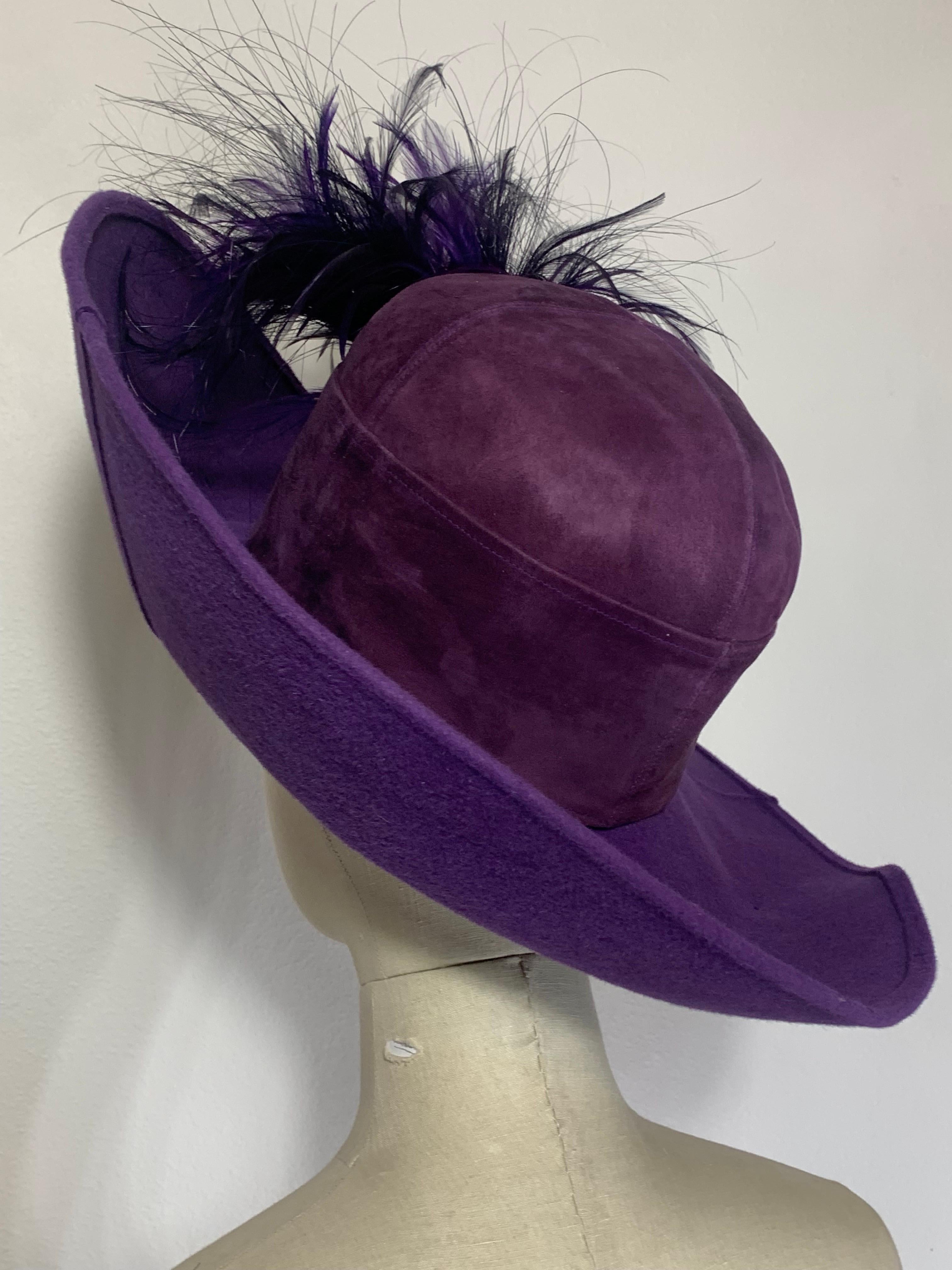 Maison Michel Autumn/Winter Purple Felt Wide Brim Hat w Suede Crown & Feathers For Sale 2