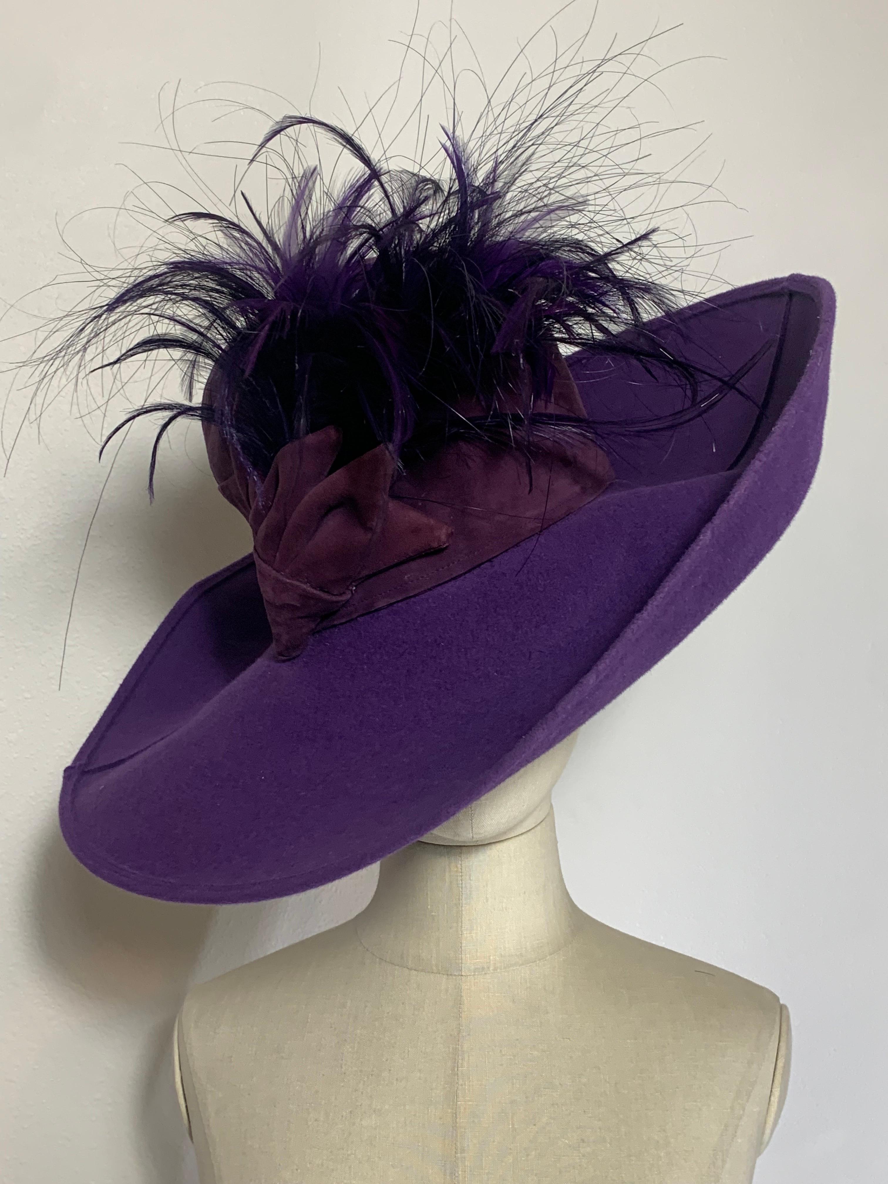 Maison Michel Autumn/Winter Purple Felt Wide Brim Hat w Suede Crown & Feathers For Sale 3