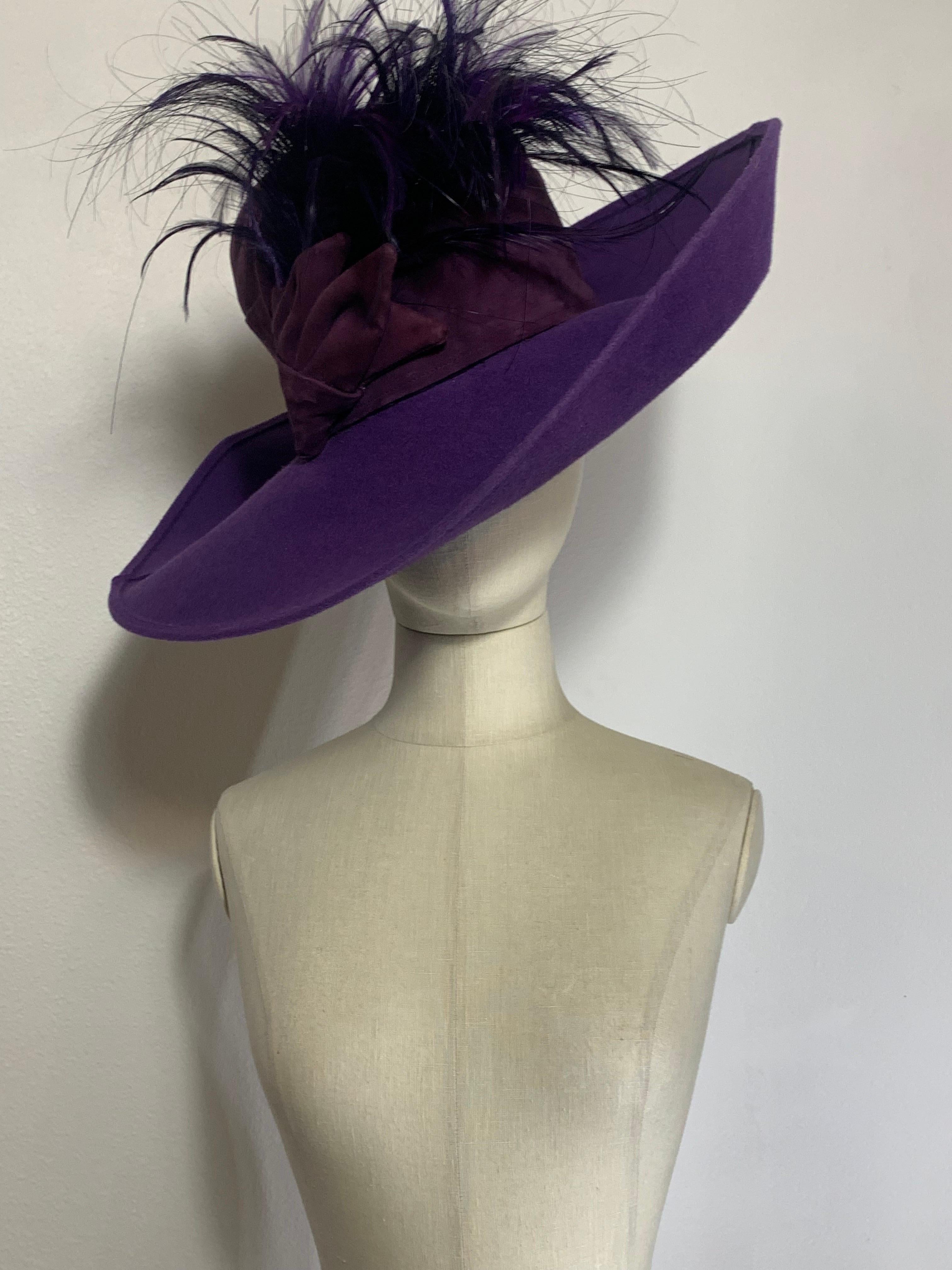 Maison Michel Autumn/Winter Purple Felt Wide Brim Hat w Suede Crown & Feathers For Sale 4