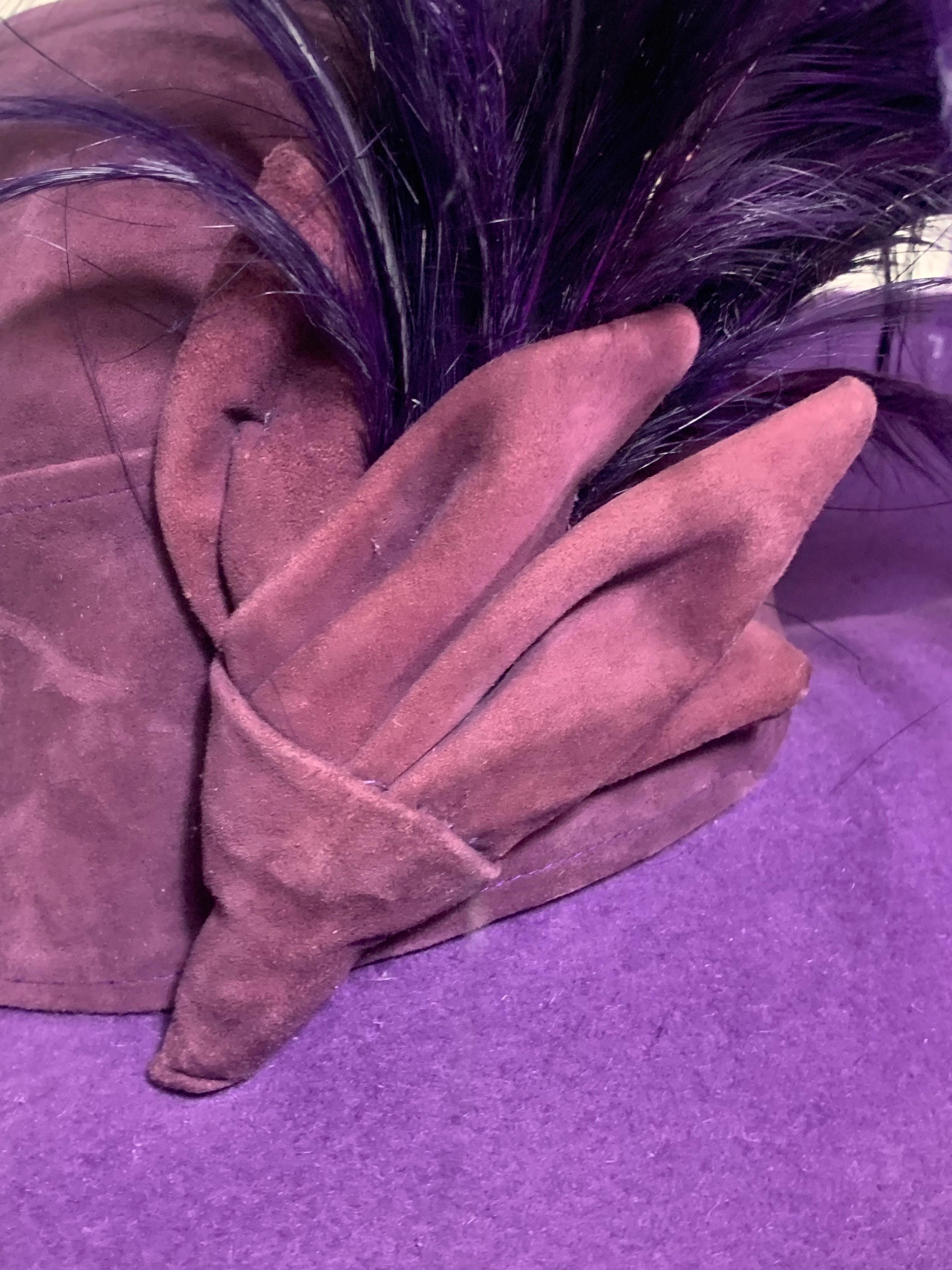 Maison Michel Autumn/Winter Purple Felt Wide Brim Hat w Suede Crown & Feathers For Sale 5