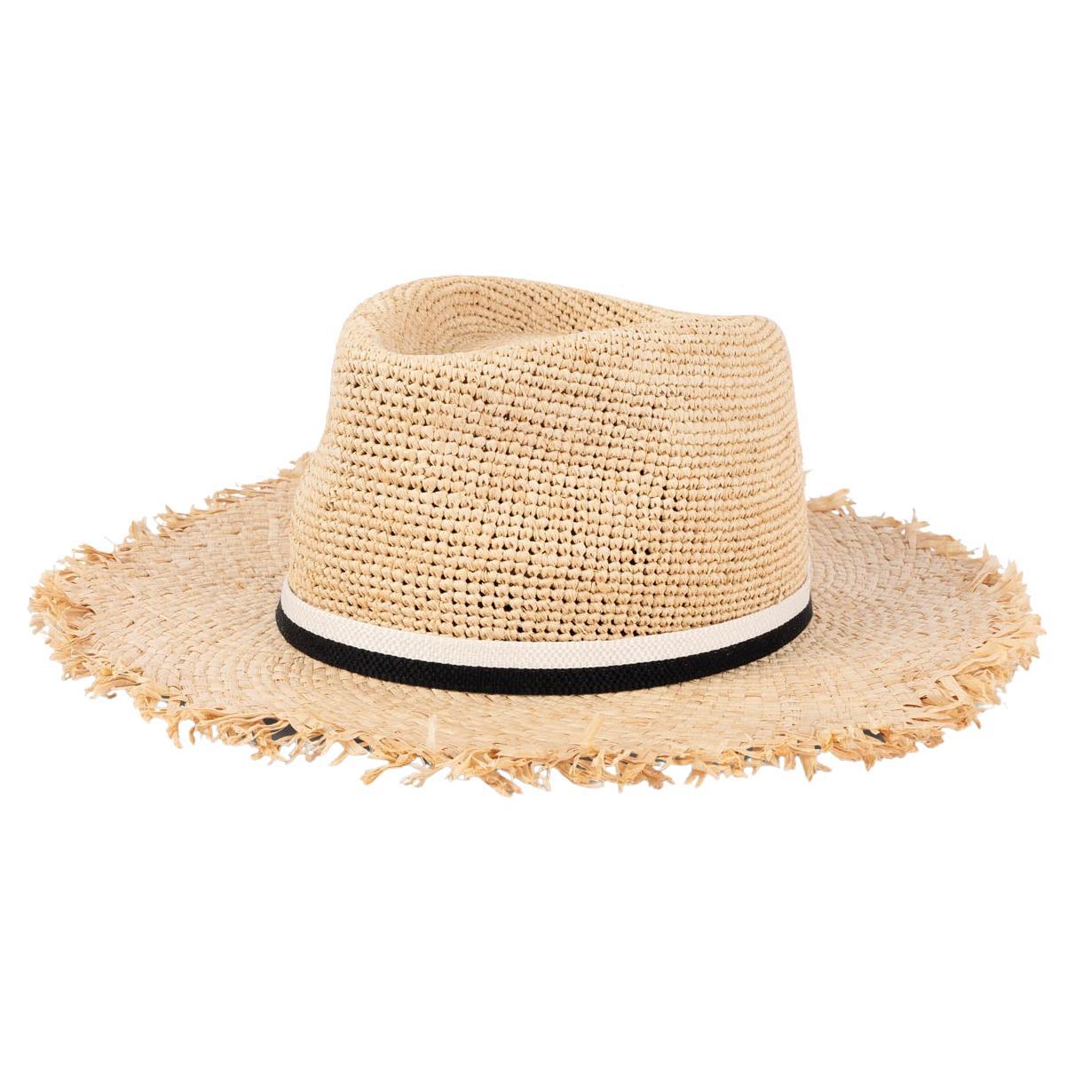 MAISON MICHEL beige Straw FRINGED WIDE BRIM Hat L For Sale