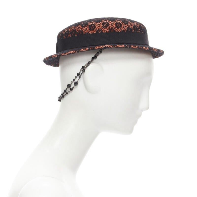 MAISON MICHEL black floral lace orange felt black pearl chain fedora hat 52cm In Excellent Condition For Sale In Hong Kong, NT