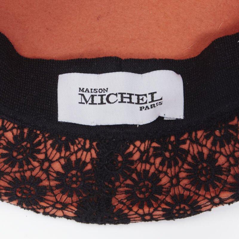 MAISON MICHEL black floral lace orange felt black pearl chain fedora hat 52cm For Sale 2