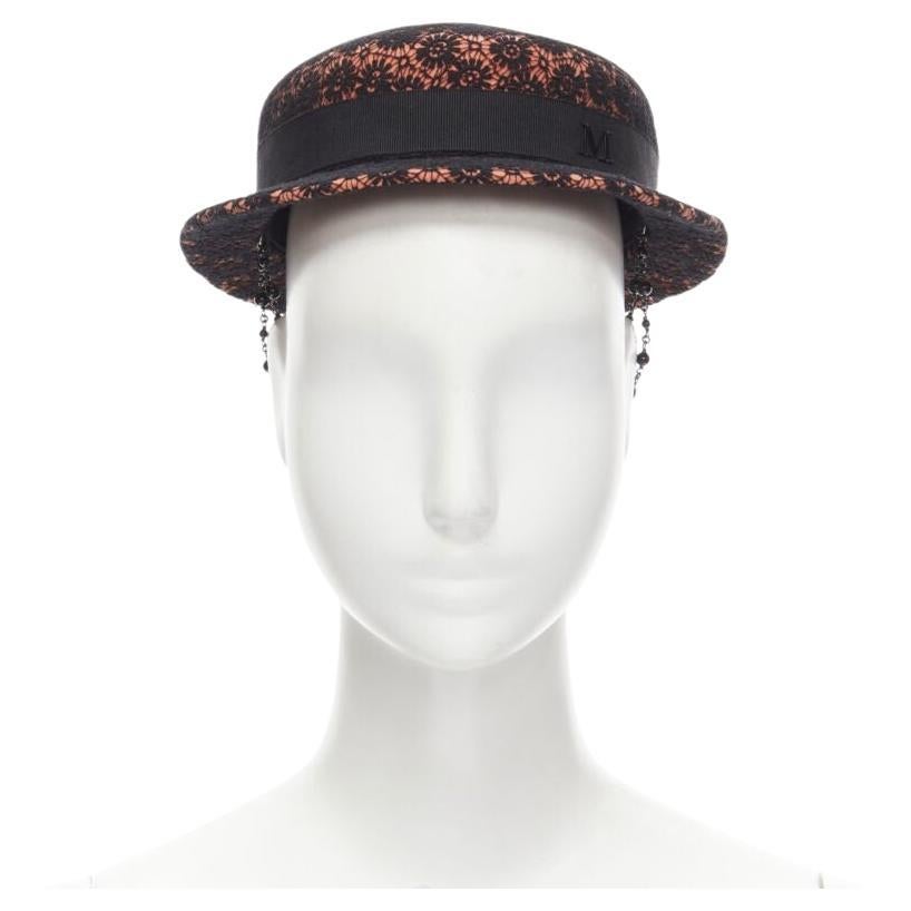MAISON MICHEL black floral lace orange felt black pearl chain fedora hat 52cm For Sale
