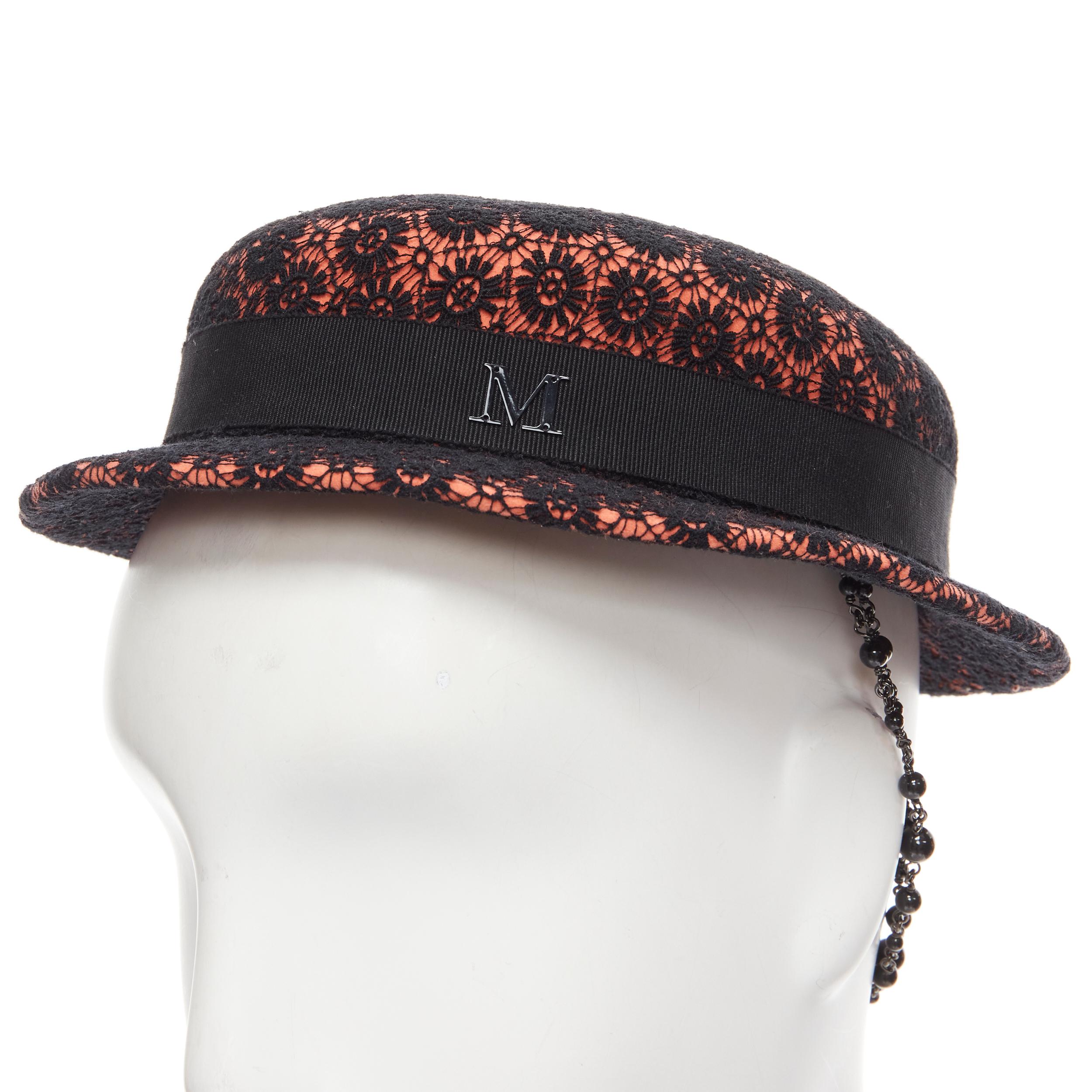 Gray MAISON MICHEL black floral lace orange felt black pearl chain topper fedora hat  For Sale
