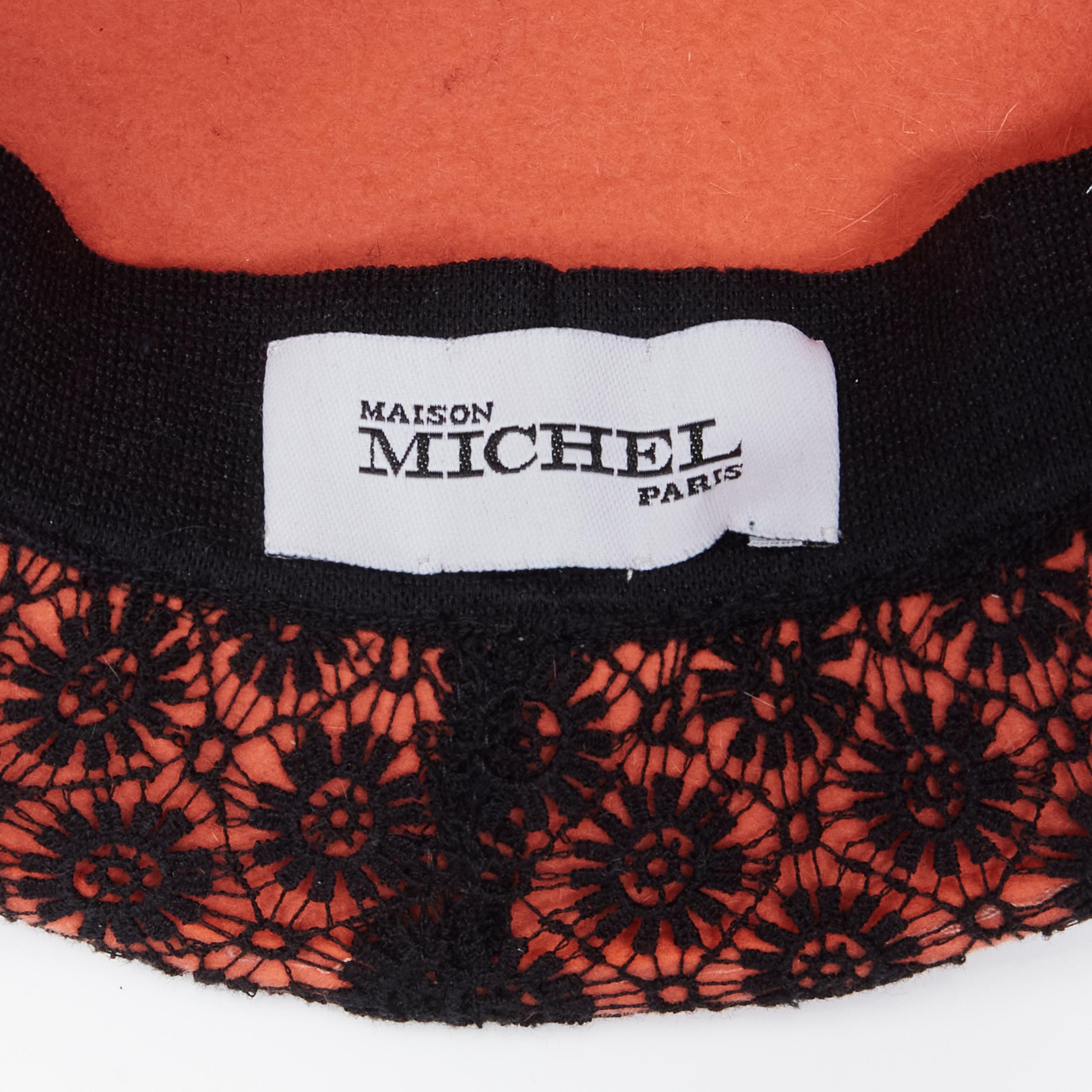 MAISON MICHEL black floral lace orange felt black pearl chain topper fedora hat  In New Condition For Sale In Hong Kong, NT
