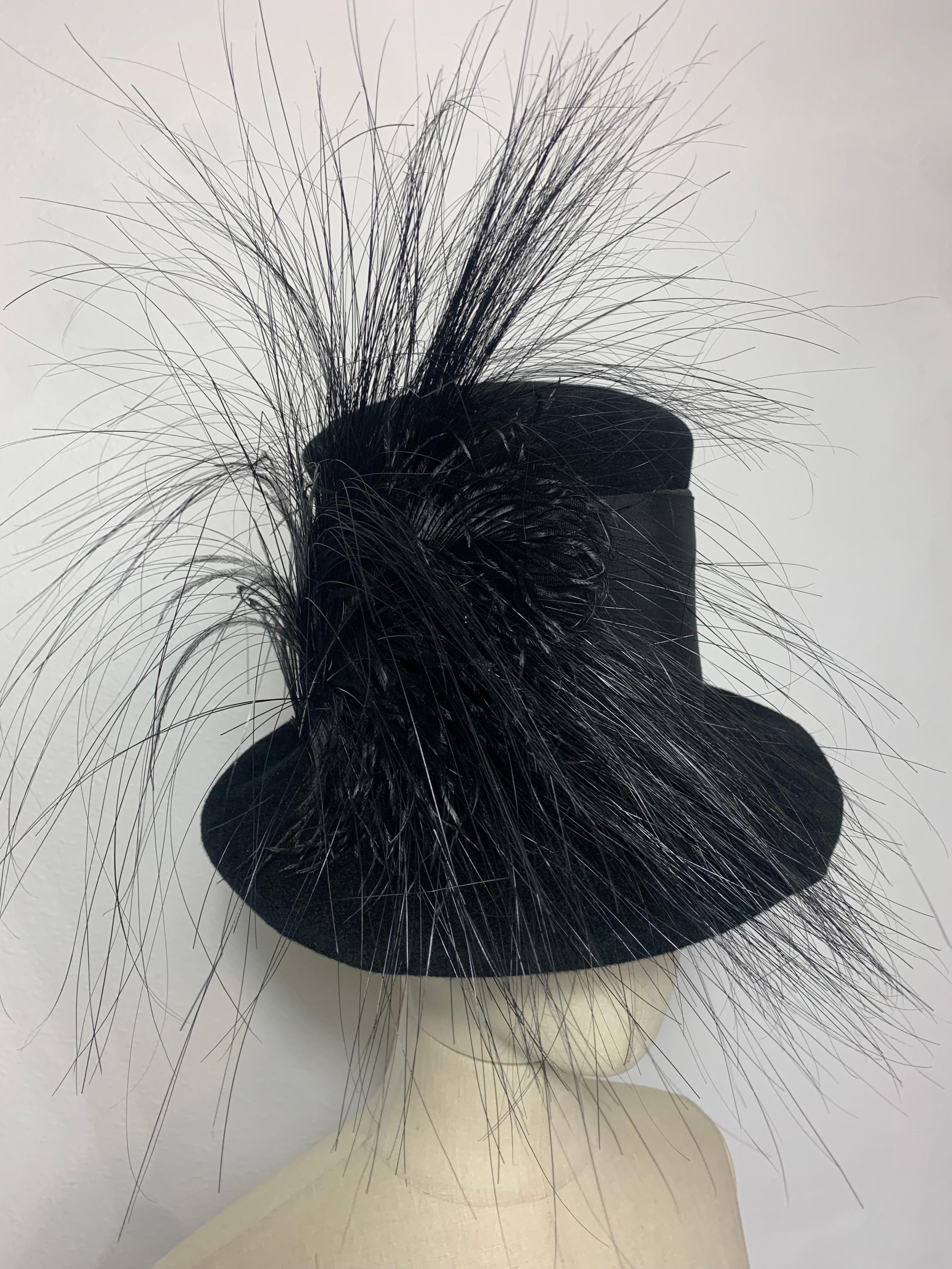 Maison Michel Black Fur Felt Short-Brim Tall Crown Hat w Extravagant Feathers  For Sale 8