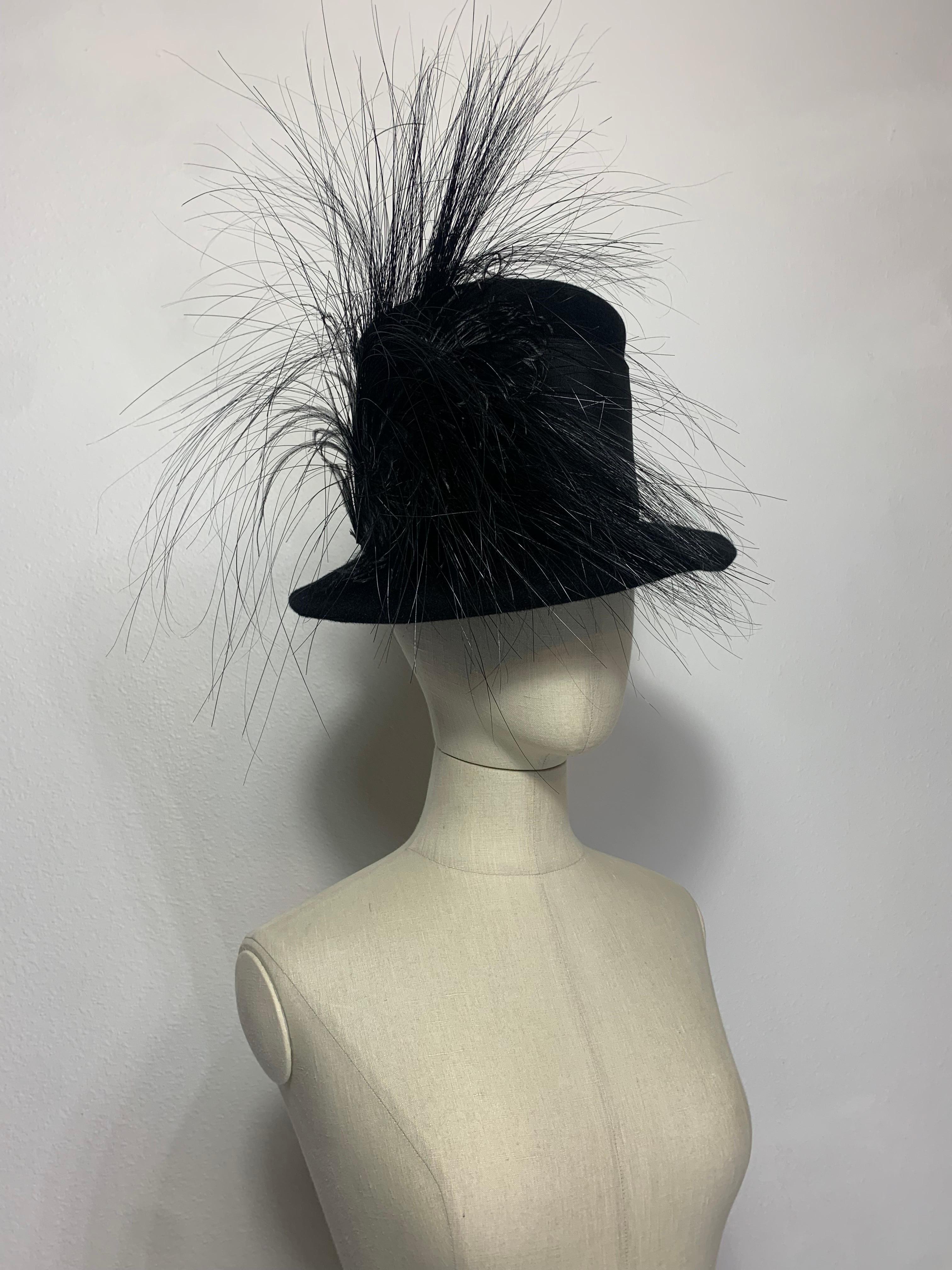 Maison Michel Black Fur Felt Short-Brim Tall Crown Hat w Extravagant Feathers  For Sale 9