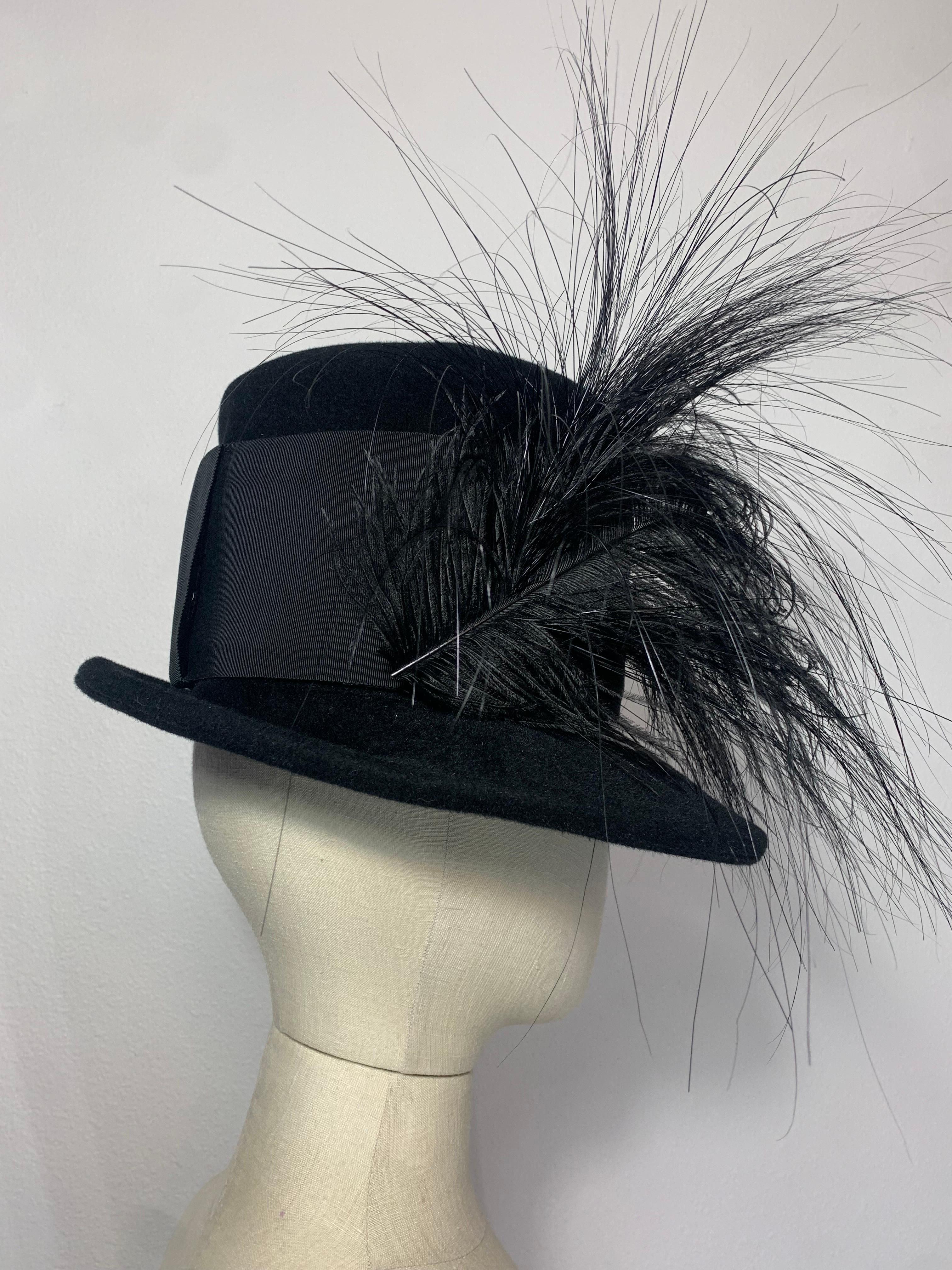 Maison Michel Black Fur Felt Short-Brim Tall Crown Hat w Extravagant Feathers  In Excellent Condition For Sale In Gresham, OR