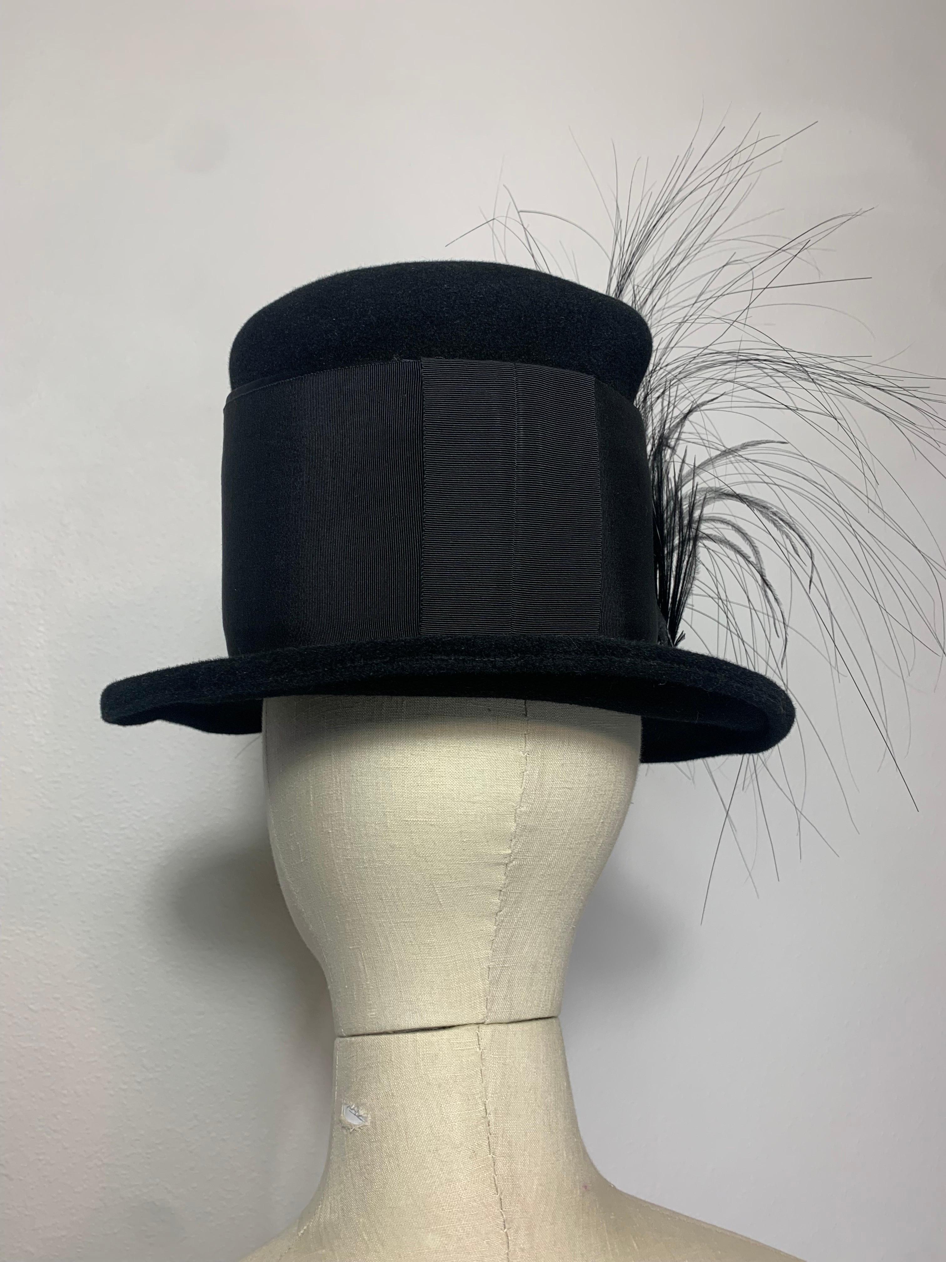 Women's or Men's Maison Michel Black Fur Felt Short-Brim Tall Crown Hat w Extravagant Feathers  For Sale