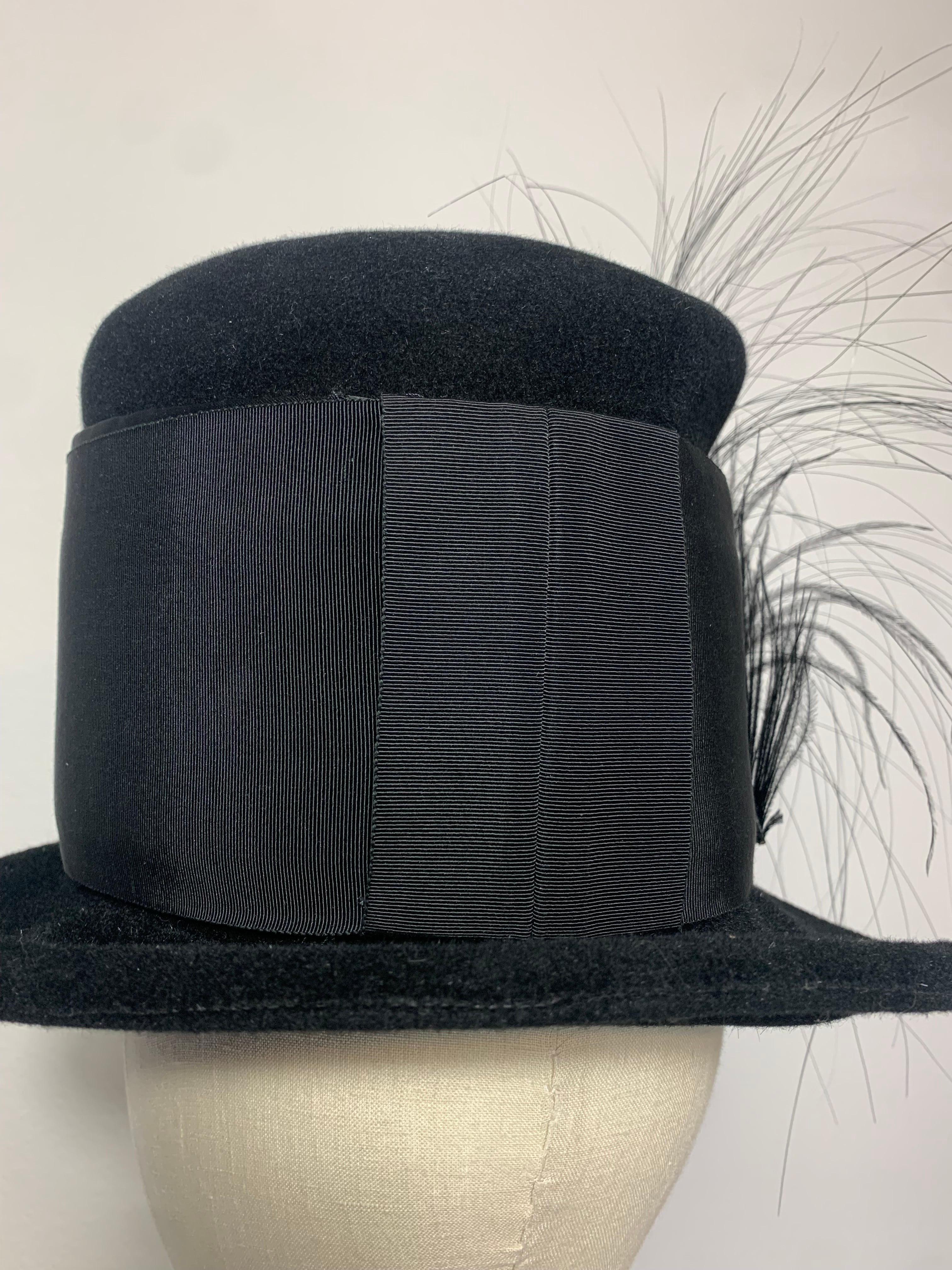 Maison Michel Black Fur Felt Short-Brim Tall Crown Hat w Extravagant Feathers  For Sale 1