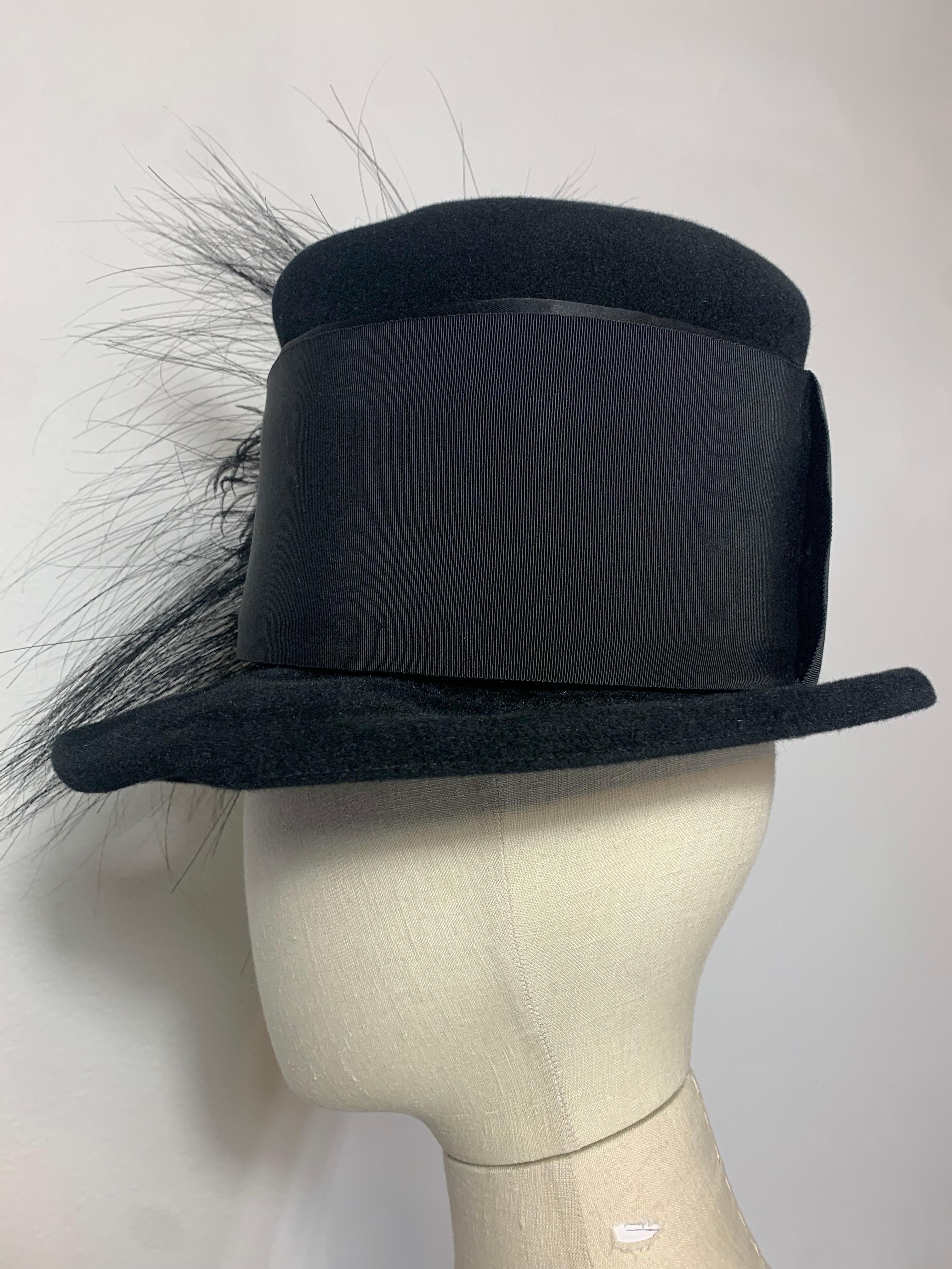 Maison Michel Black Fur Felt Short-Brim Tall Crown Hat w Extravagant Feathers  For Sale 2