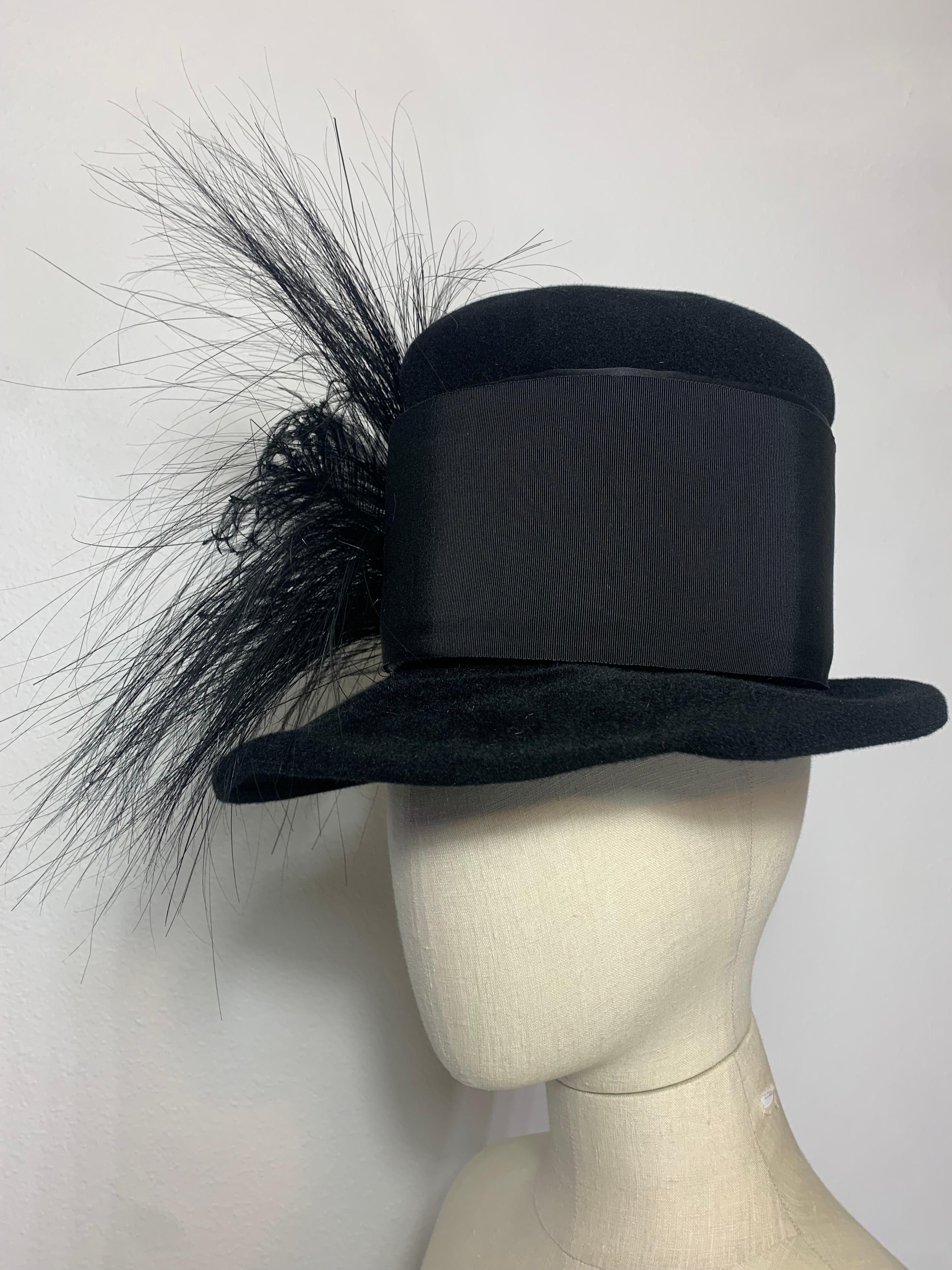 Maison Michel Black Fur Felt Short-Brim Tall Crown Hat w Extravagant Feathers  For Sale 3