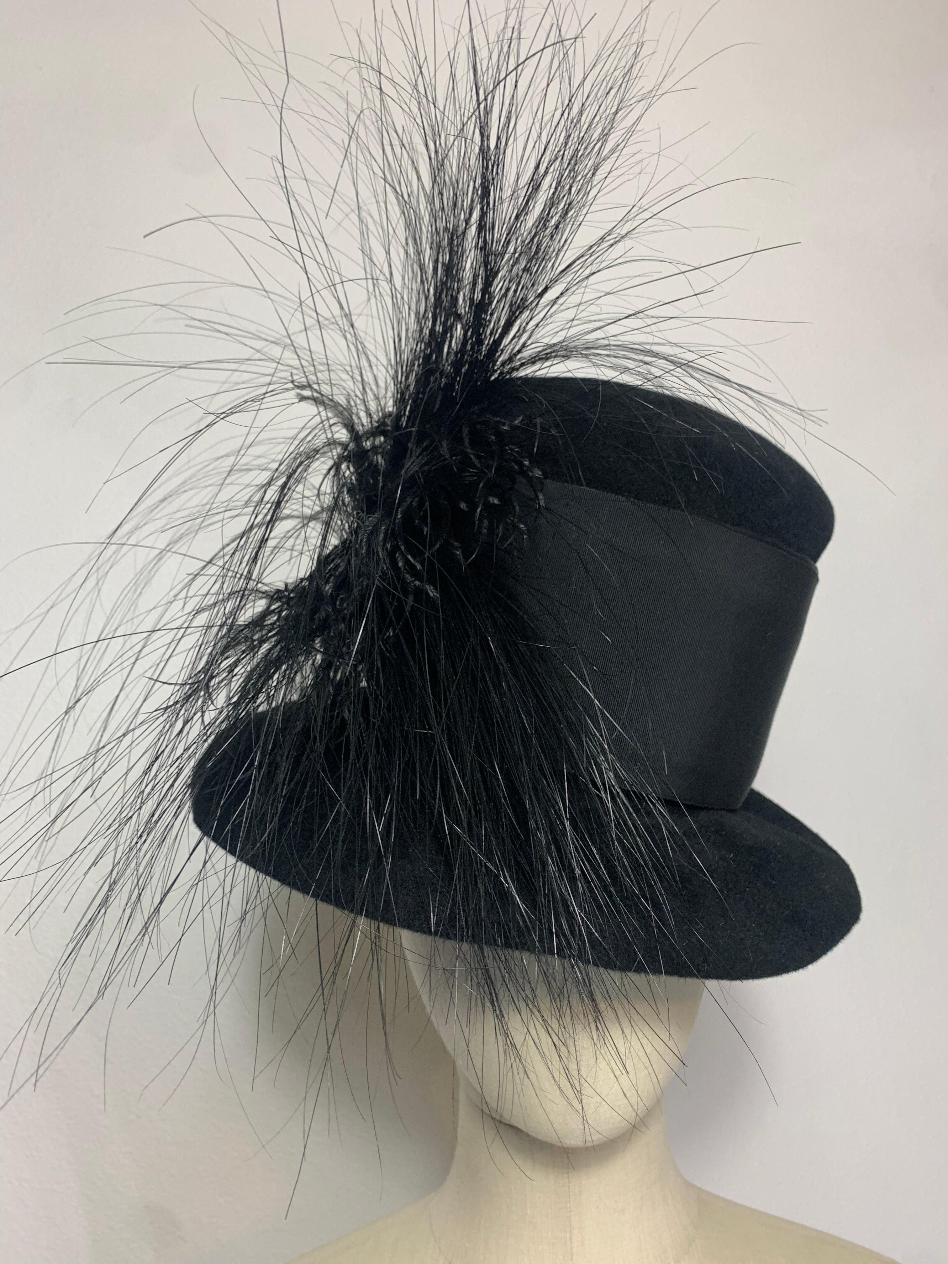 Maison Michel Black Fur Felt Short-Brim Tall Crown Hat w Extravagant Feathers  For Sale 4