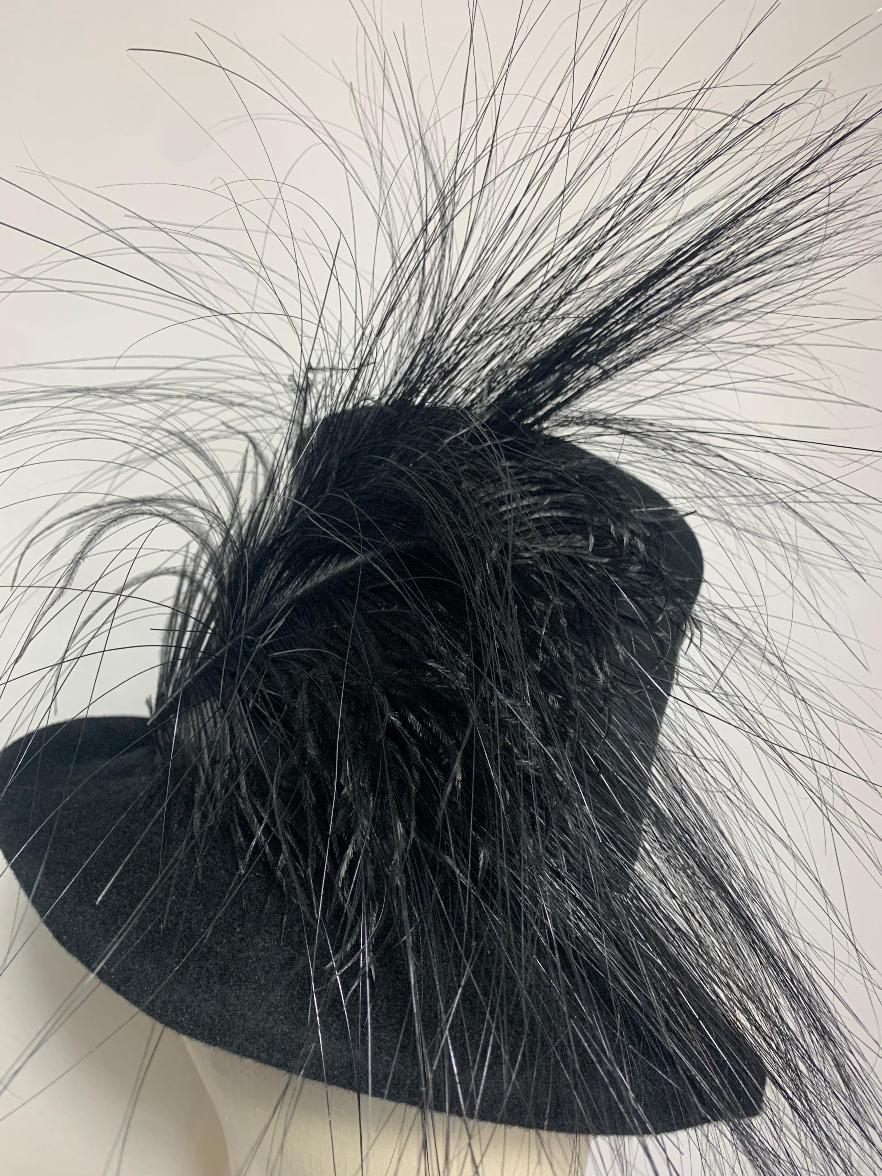 Maison Michel Black Fur Felt Short-Brim Tall Crown Hat w Extravagant Feathers  For Sale 5