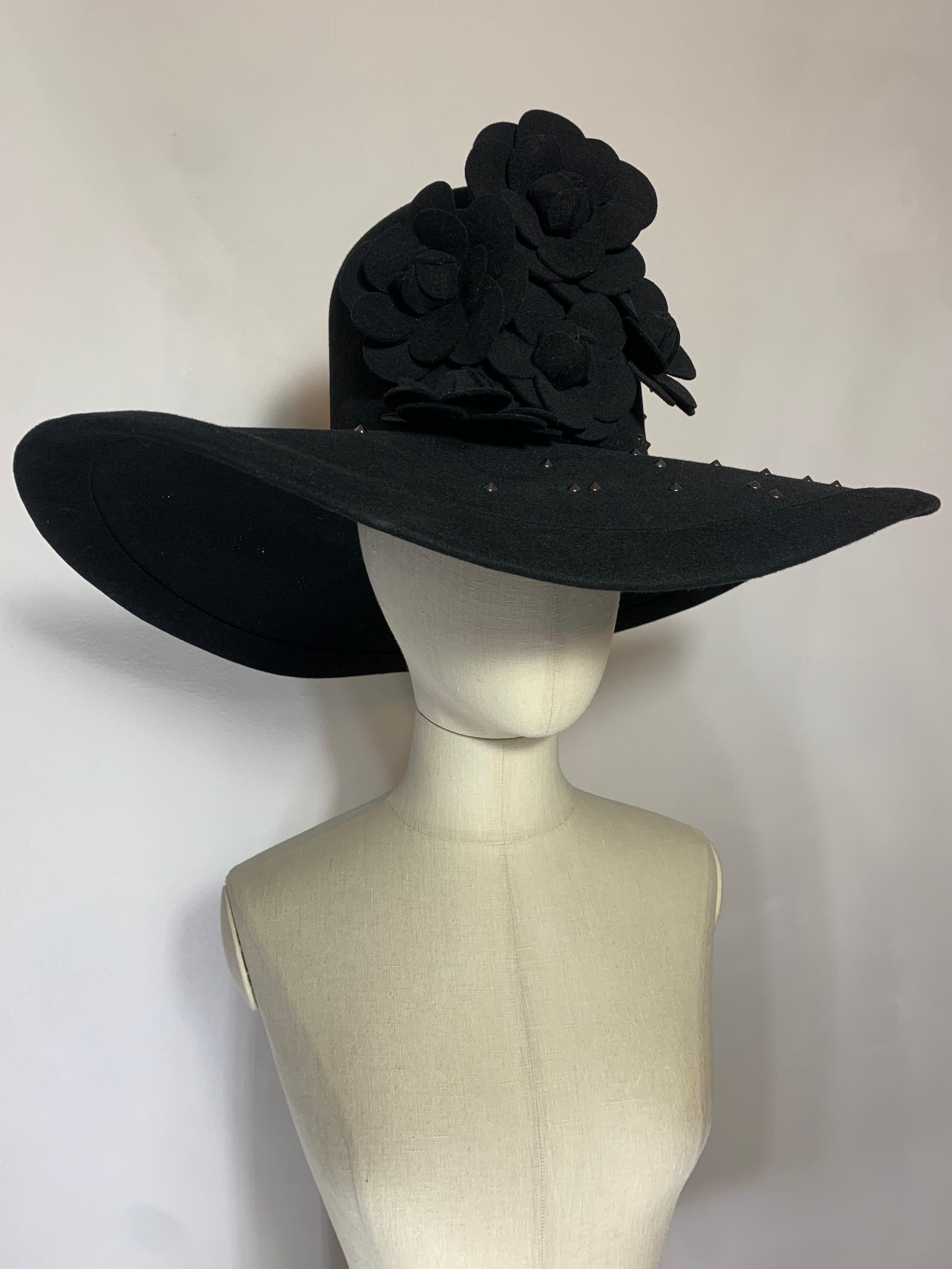 Maison Michel Black Large Brimmed Felt High Crown Hat w Studs & Camellia Flowers For Sale 6